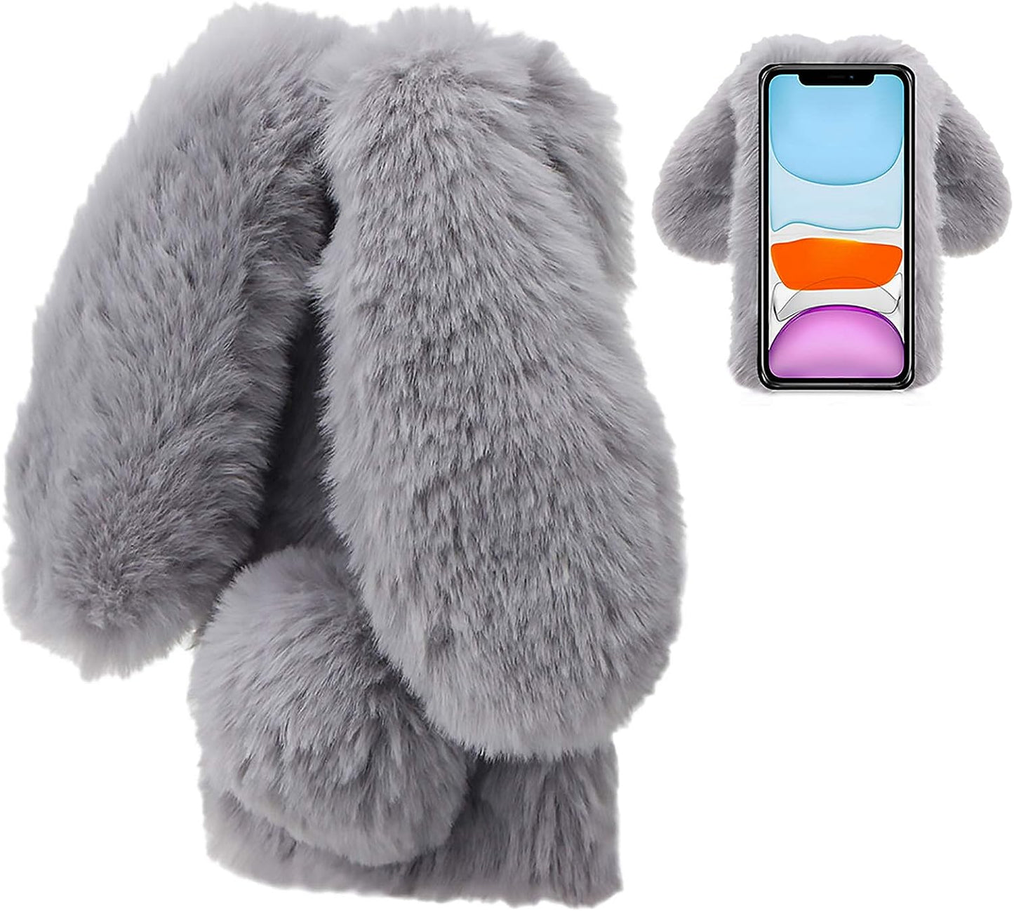 LCHDA Rabbit Case for Oneplus Nord N200 5G, Cute 3D Bunny Ears Soft Furry Hairball Fuzzy Warm Winter Faux Fur Plush Fluffy Flexible TPU Bumper Women Girls Protective Skin Cover - Leopard Pink  LCHDA Grey  