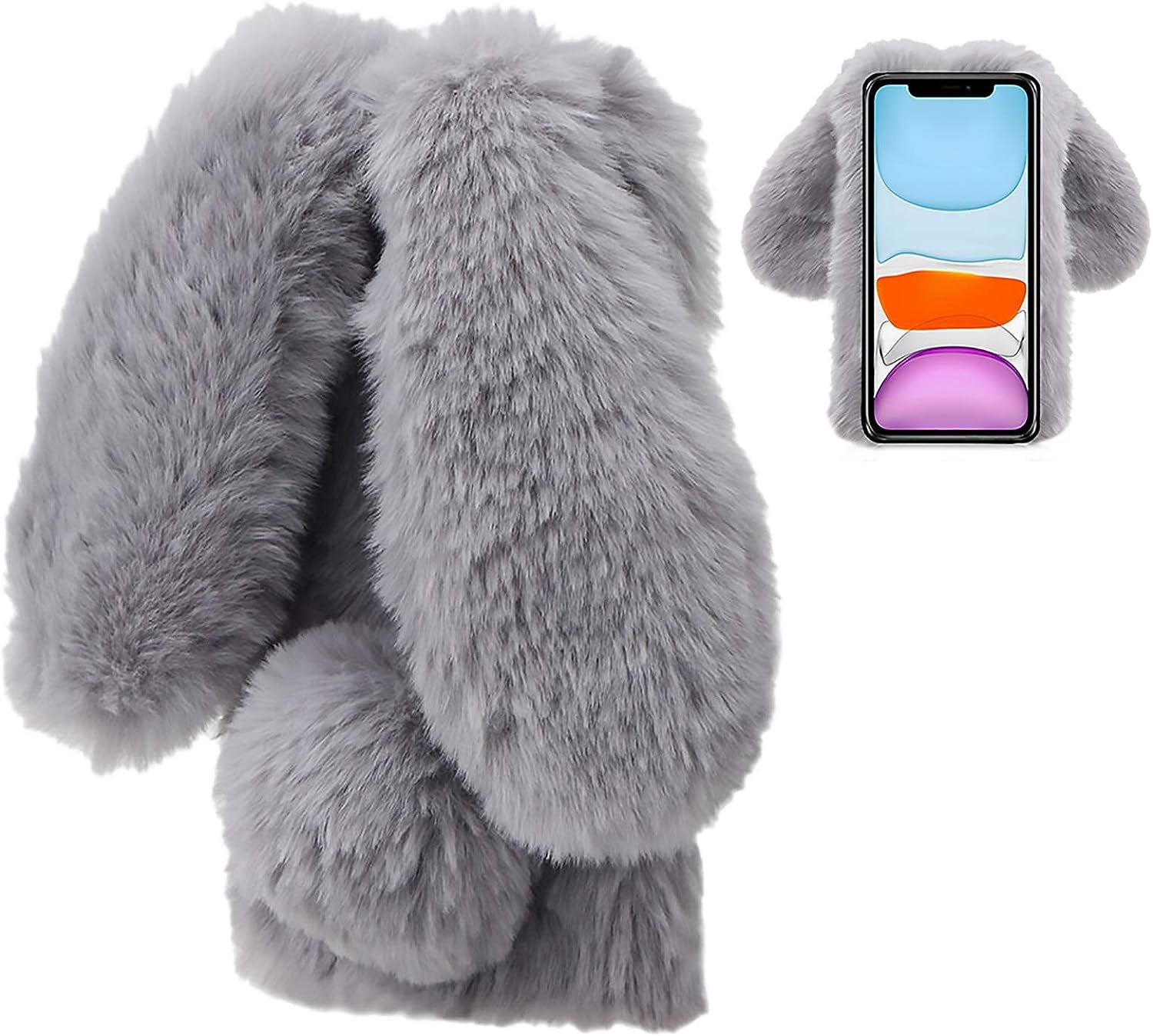 LCHDA Rabbit Case for Oneplus Nord N200 5G, Cute 3D Bunny Ears Soft Furry Hairball Fuzzy Warm Winter Faux Fur Plush Fluffy Flexible TPU Bumper Women Girls Protective Skin Cover - Leopard Pink  LCHDA Grey  