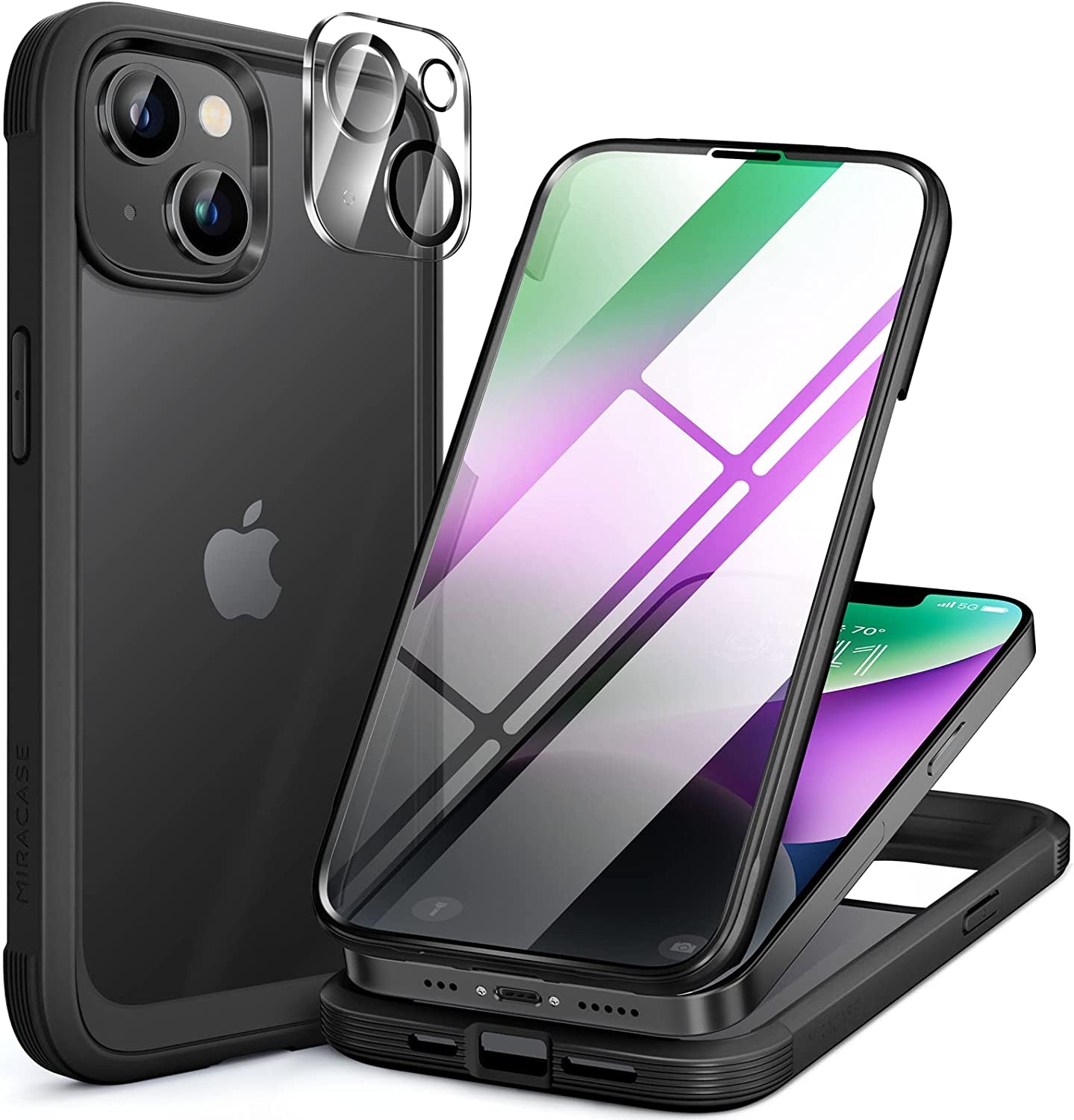 Miracase Glass Series Designed for Iphone 14 Case 6.1 Inch, 2023 Upgrade Full-Body Clear Bumper Case with Built-In 9H Tempered Glass Screen Protector and Camera Lens Protector,Red  Miracase AK-Matte Black  