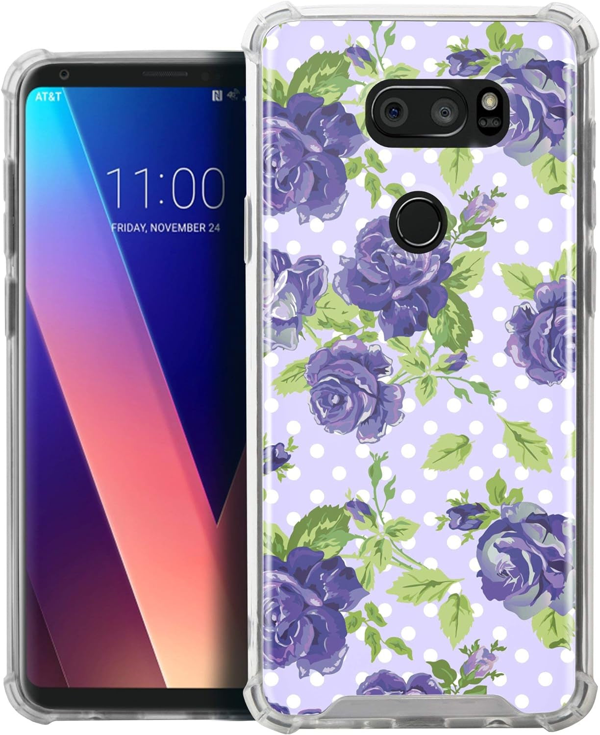 Casesondeck Slim Case Compatible with [LG V30S Thinq and LG V30] Transparent Hard Plastic Plate Soft TPU Guard Bumper (Purple Flowers)  CasesonDeck   