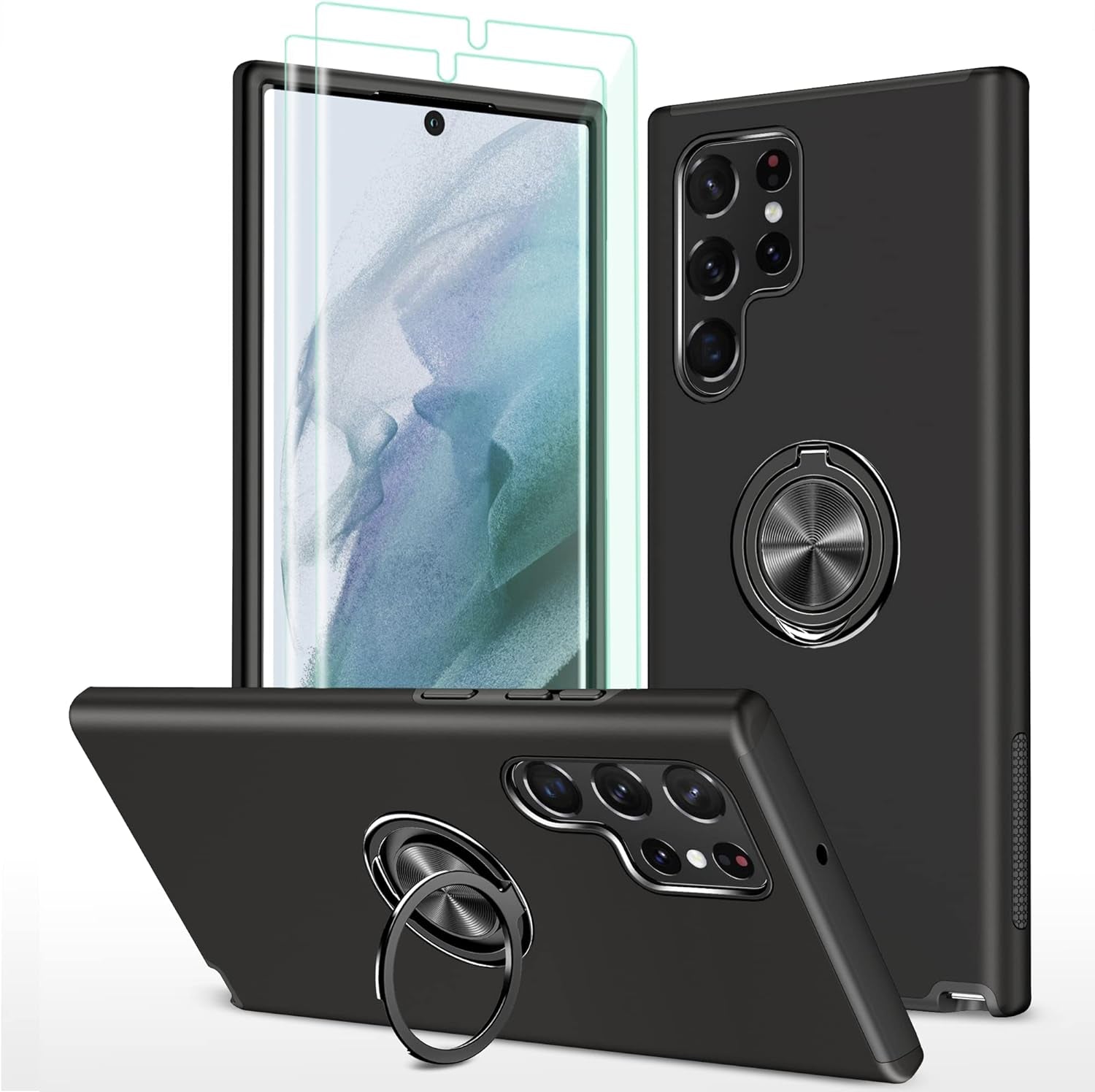 AKINIK for Samsung Galaxy S22 Ultra Case, S22 Ultra Case with Self Healing Flexible TPU Screen Protector [2 Pack], Military Grade with Kickstand Case for Galaxy S22 Ultra 5G-Red  AKINIK Yx- Black  