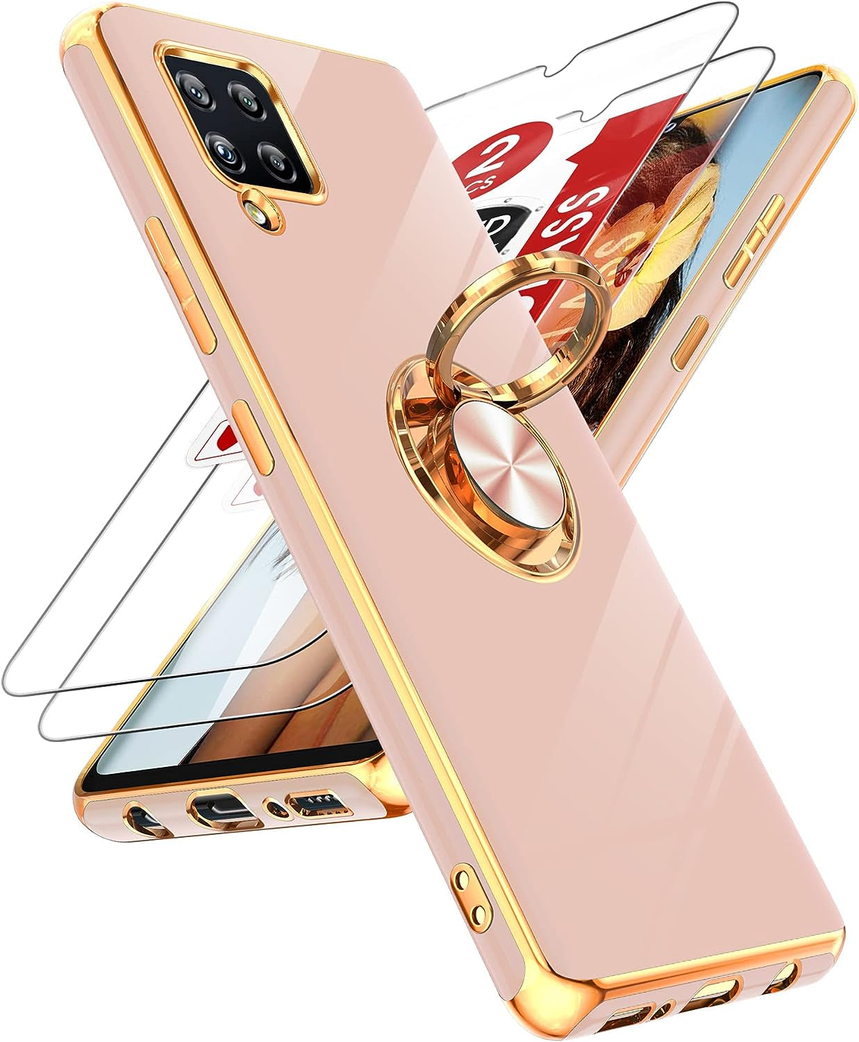Leyi for Samsung Galaxy A42 5G Case with Tempered Glass Screen Protector [2 Pack] 360° Rotatable Ring Holder Magnetic Kickstand, Plating Rose Gold Edge Protective Case, White  LeYi Pink  
