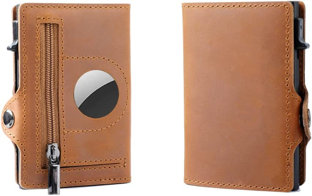 Airtag Wallet Genuine Premium Leather Credit Card Money Holder Airtag Cover Air Tag Case Automatic Pop up Wallet Aluminum Slim Pocket Bifold (Carbon Fiber)  Generic Dark Brown  