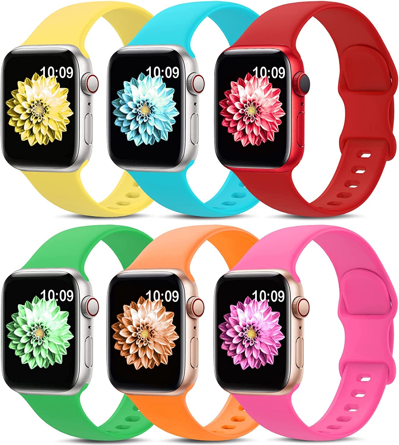 6 Pack Sport Bands Compatible with Apple Watch Band 38Mm 40Mm 41Mm 42Mm 44Mm 45Mm 49Mm,Soft Silicone Waterproof Strap Compatible with Iwatch Apple Watch Series Ultra 8 7 6 5 4 3 2 1 SE Women Men  AMSKY Red/Flamingo/Lemon Zest/Bright Orange/Bright Green/Teal 42/44/45/49 mm 