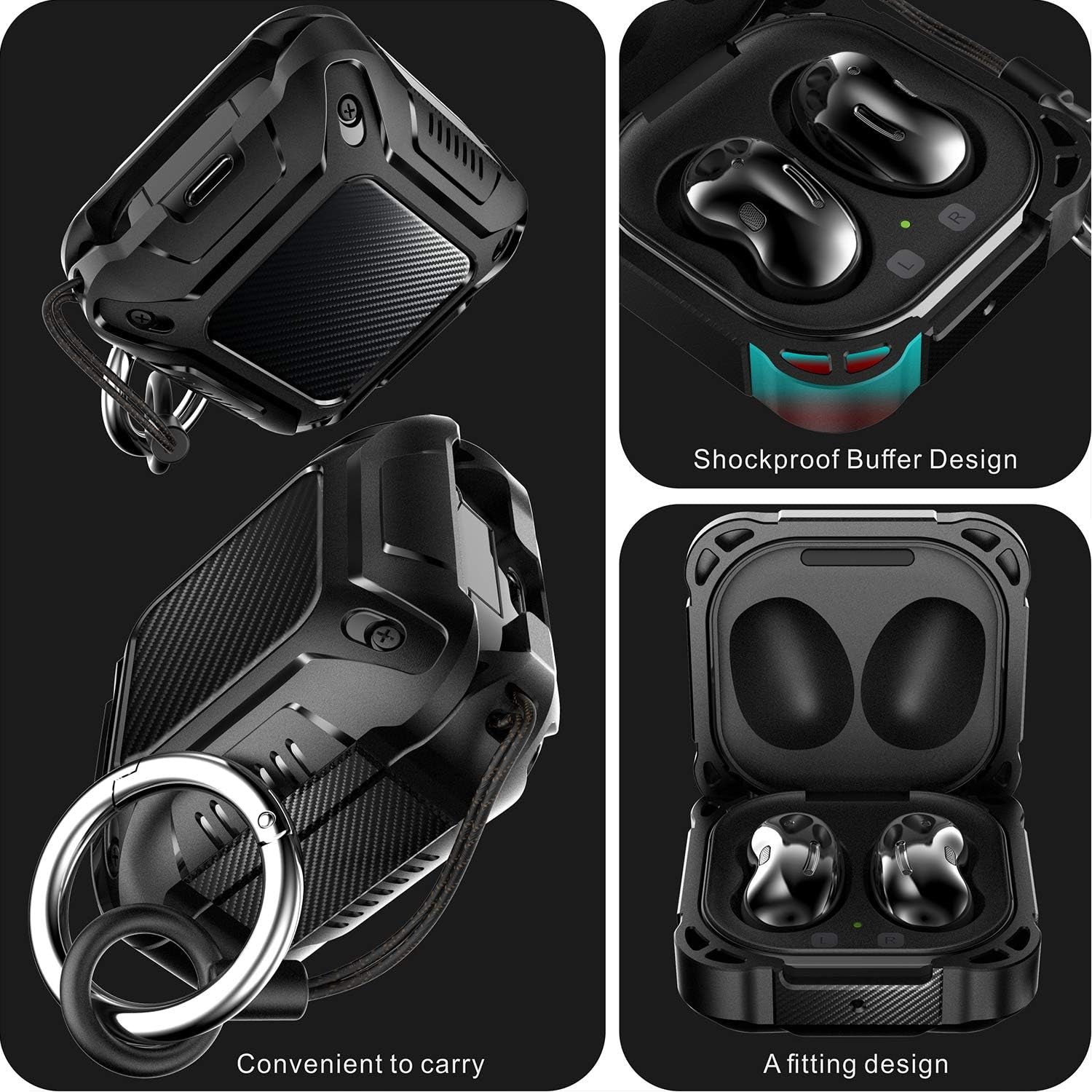 TPU Hard Case for Galaxy Buds 2 Pro Case 2022/Galaxy Buds 2 Case 2021/ Buds Pro Cover 2021/ Buds Live Case 2020, Wireless Charging Carbon Fiber Protective Earbuds Accessories with Keychain,Black  MIMIYA   