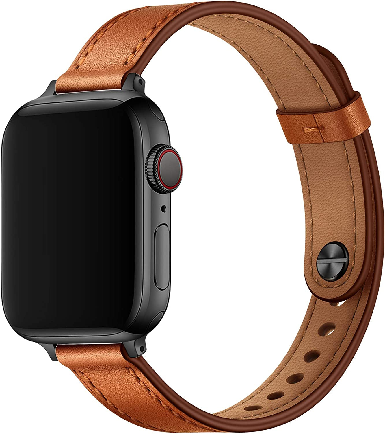 OUHENG Slim Band Compatible with Apple Watch Band 41Mm 40Mm 38Mm, Women Genuine Leather Band Replacement Thin Strap for Iwatch SE SE2 Series 8 7 6 5 4 3 2 1 (Brown/Rose Gold, 41Mm 40Mm 38Mm)  OUHENG Brown/Black 41mm/40mm/38mm 