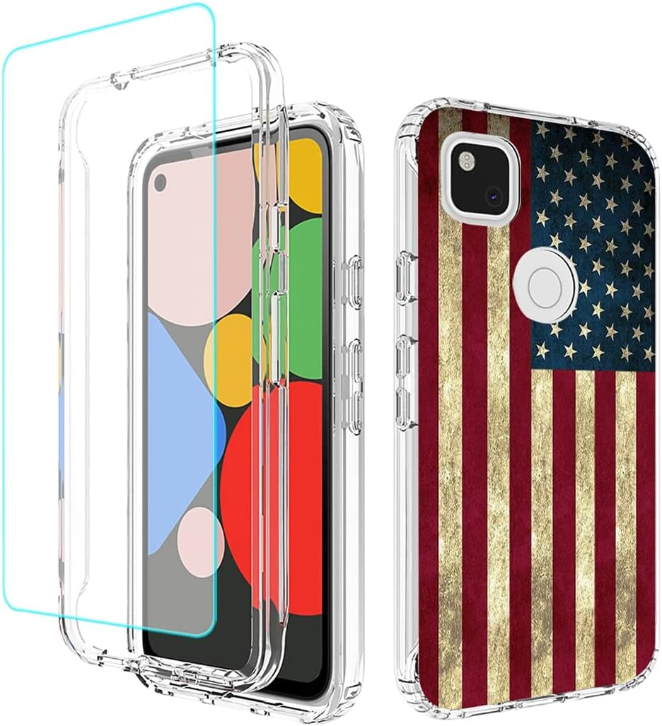 Tothedu Phone Case for Google Pixel 4A (Not Fit 4A 5G) G025J Case with Tempered-Glass Screen Protector, Clear Full Body Protective Hard PC Shell TPU Bumper Cover Cases for Google Pixel 4A (Clear)  Tothedu Usa Flag  