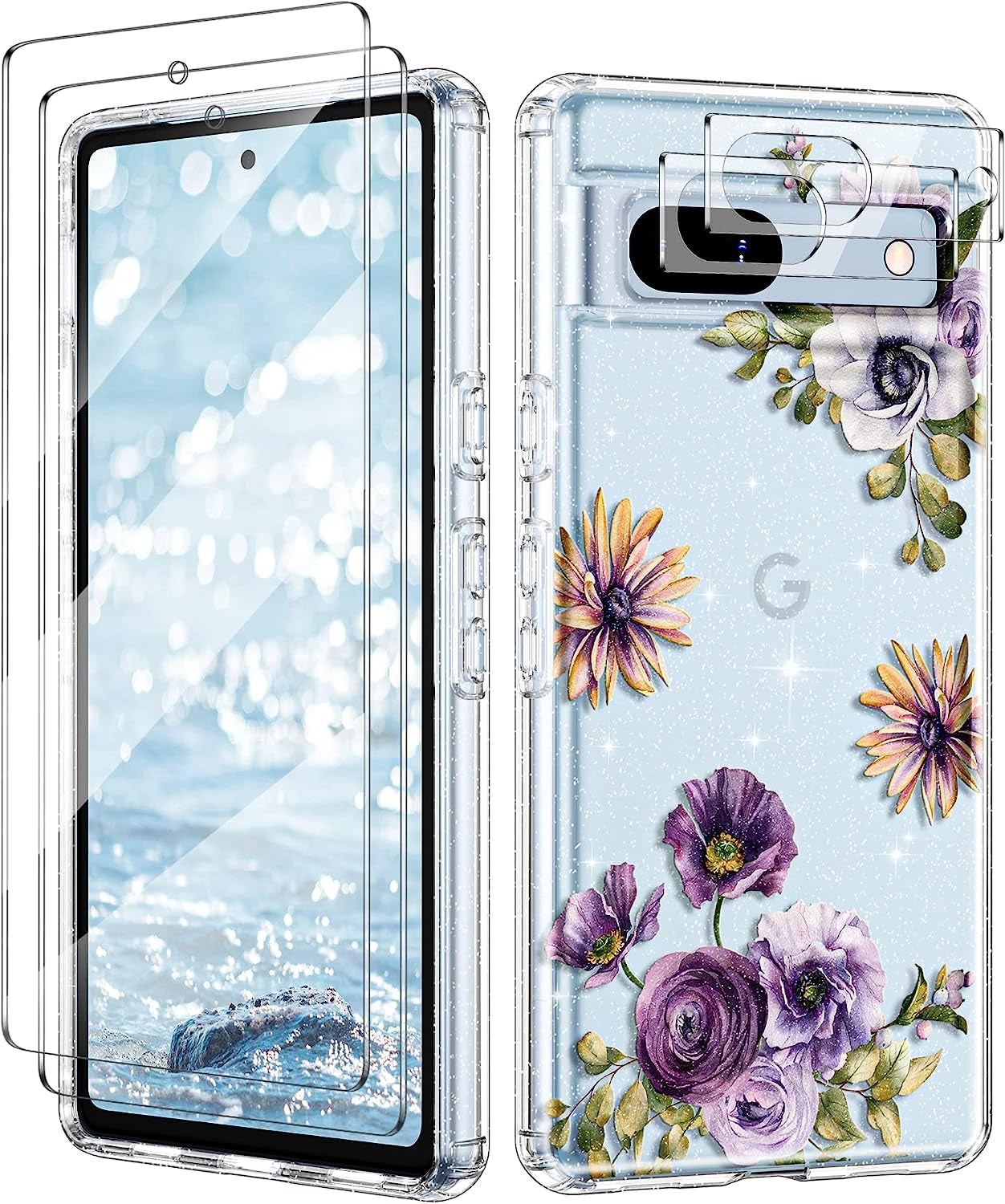 Lamcase Compatible with Google Pixel 7A Case, with 2 Screen Protector + 2 Camera Lens Protector Crystal Bling Sparkly Shiny Soft Flexible TPU Slim Drop Protection for Women Girls, Apricot Flower  Lamcase Eustoma Grandiflorum  