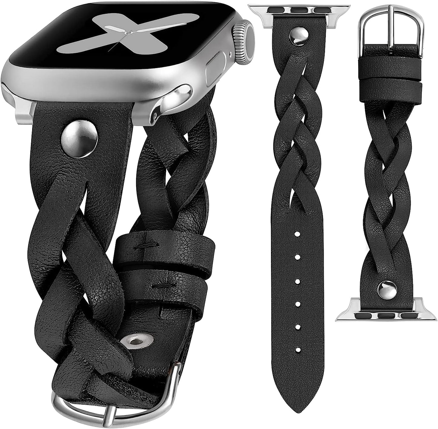 Moolia Braided Leather Strap Compatible with Apple Watch Band 38Mm 40Mm 41Mm 42Mm 44Mm 45Mm 49Mm Women Vintage Thin Replacement Strap Bracelet for Iwatch Series 8/7/6/5/4/3/2/1/SE  Moolia Black/Silver 38/40/41 mm 