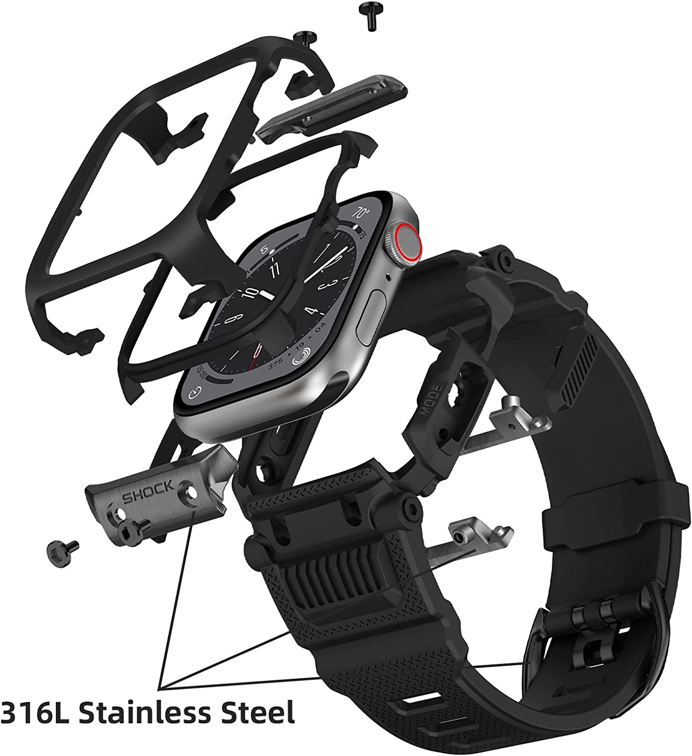 OUHENG Compatible with Apple Watch Band 45Mm 44Mm 42Mm with Case, Men Rugged Sport Military TPU with Metal Pieces Strap with Bumper Cover for Iwatch Series SE2 SE 8 7 6 5 4 3 2 1, Matte Black  OUHENG   