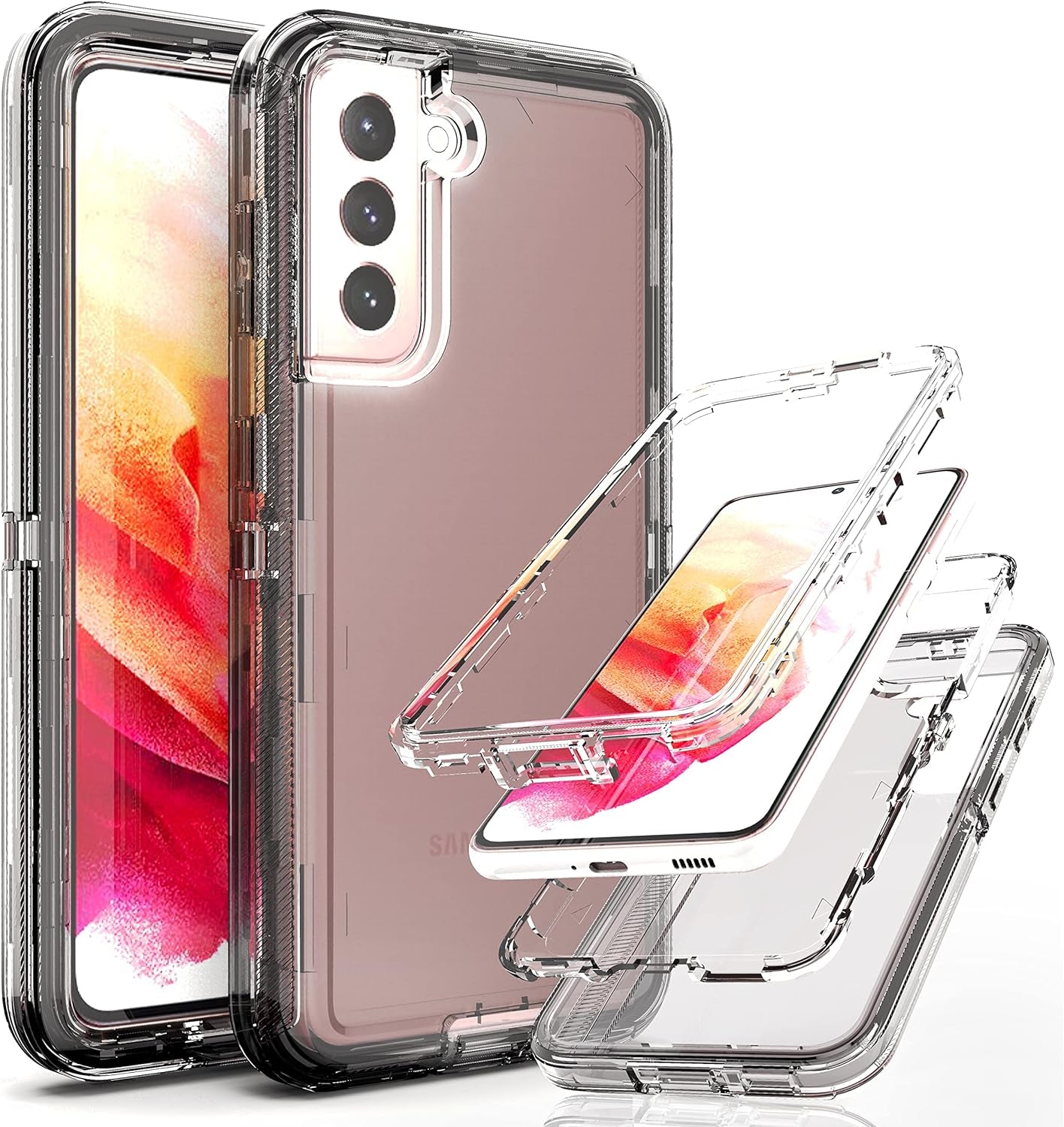 Ymhxcy Galaxy S21 Case, Drop 3 Layer Durable Cover (No Screen Protector) Solid Rubber Case / 16Ft Test Clear Case for Samsung Galaxy S21-Crystal Clear  YmhxcY Ts-Transparent Black Ts-Galaxy S21 