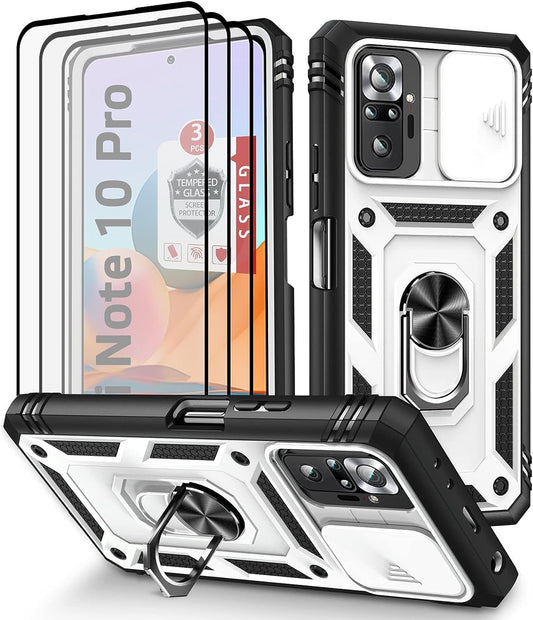 Xiaomi Redmi Note 10 Pro Case, Redmi Note 10 Pro MAX Case with 3 Pcs Tempered Glass Screen Protector Built in Ring Stand Kickstand + Camera Cover, Hard PC Soft TPU Defender Full Body Armor Case -White  ANOUKE   