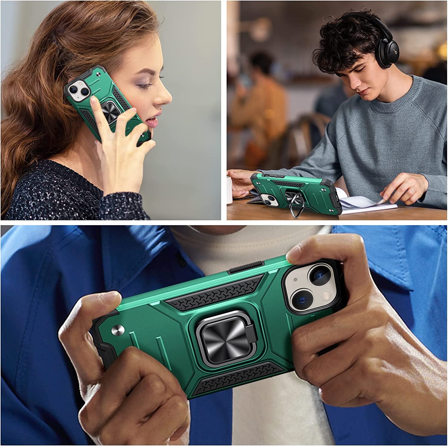 JAME for Iphone 14 Case with Screen Protector [2 PCS], Shockproof Bumper Case for Iphone 14 Case for Women & Men, Heavy-Duty Protection with Metal Ring Kickstand Case for Iphone 14, 6.1 Inch, Green  XJXIN   