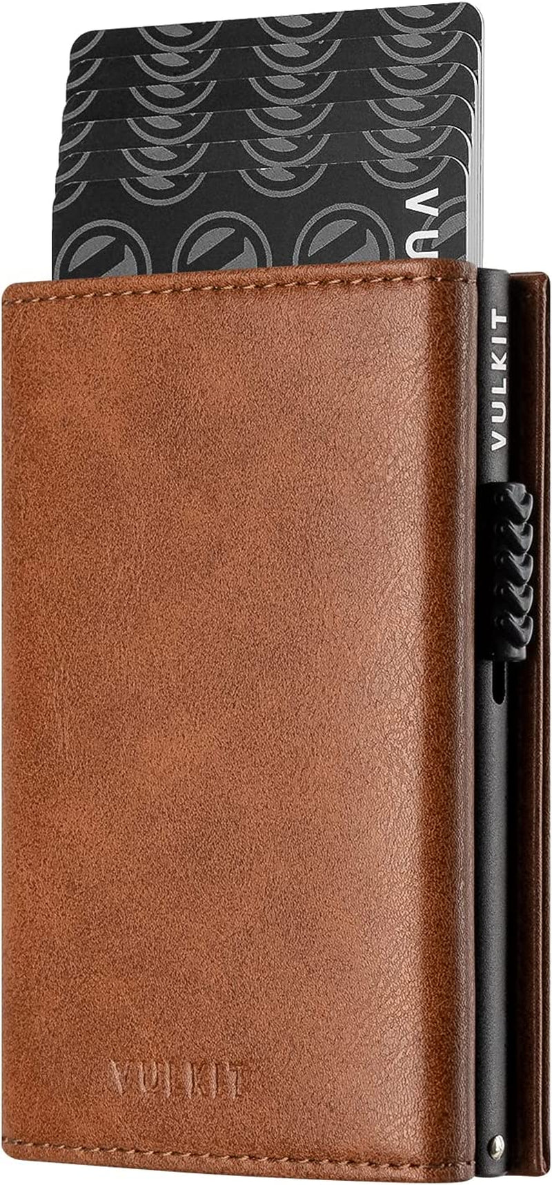 VULKIT Card Holder Wallet with Coin Pocket Magnetic Closure Pop up Cards with ID Window Leather Wallet for Cash & Credit Cards  VULKIT Brown  
