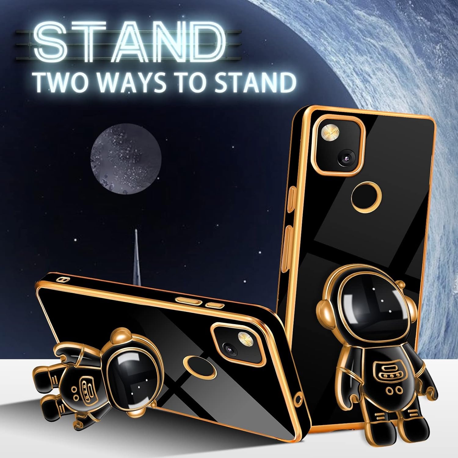 Buleens for Google Pixel 4A Case with Astronaut Stand, Women Girls Pixel 4A Cases, Girly Cute 6D Outer Space Heart Pattern Phone Cover for Google Pixel 4A(Not Fit 5G) 5.8 Inch Black  Buleens   