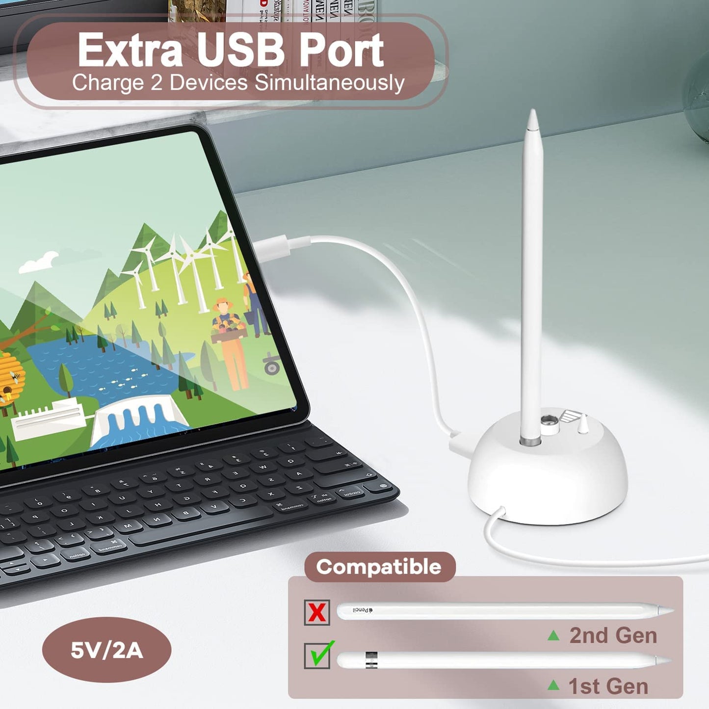 Bivtrily Charger Stand for Apple Pencil 1St Generation, Charging Adapter with LED Display & USB Port, Pencil Accessories with Pen Tips and Cap Holder Compatible with Ipad Ipencil Ipen  Bivtrily   