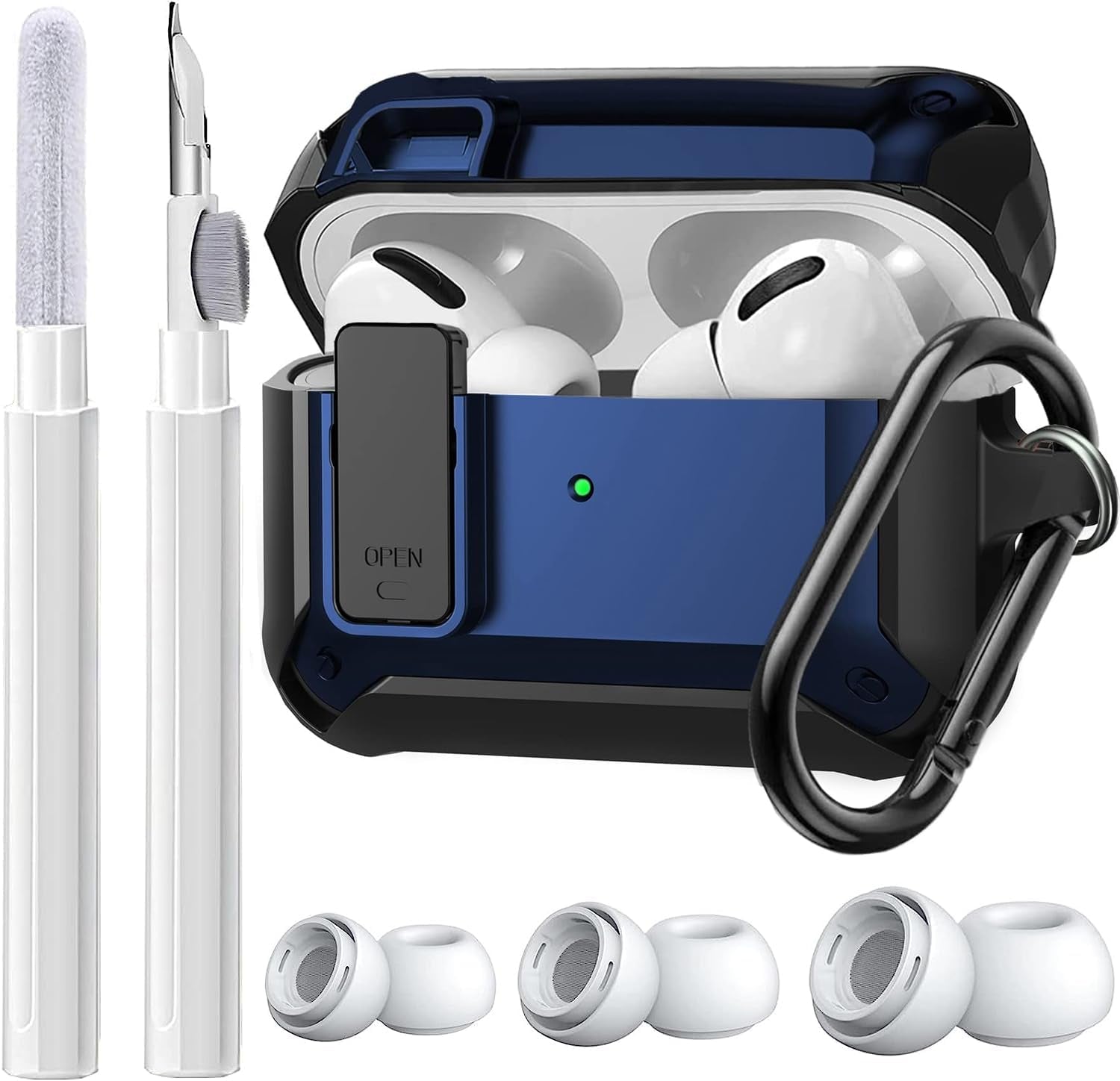 [4 in 1] Airpods Pro 2 Gen/Pro Case Lock with Cleaner Kit&Replacement Ear Tips(S/M/L), Olytop Rugged Airpod Pro 2Nd/1St Generation Protective Cover for Ipod Pro 2019/2022 with Keychain, Army Green  Olytop Black/Blue  