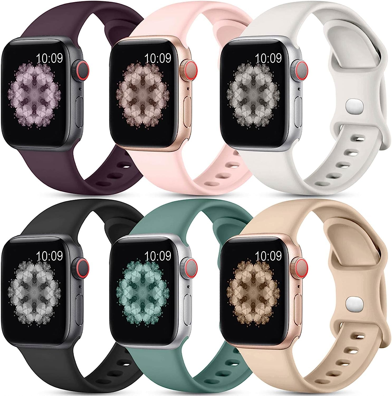 SNBLK [6 Pack] Compatible with Apple Watch Band 38Mm 40Mm 41Mm 42Mm 44Mm 45Mm 49Mm for Women Men, Soft Silicone Wrist Bands Sport Strap Compatible for Iwatch Series 8 7 6 5 4 3 2 1 SE Ultra  SNBLK Black/Dark Cherry/Pink/MilkTea/Starlight/PineGreen 42mm/44mm/45mm/49mm 