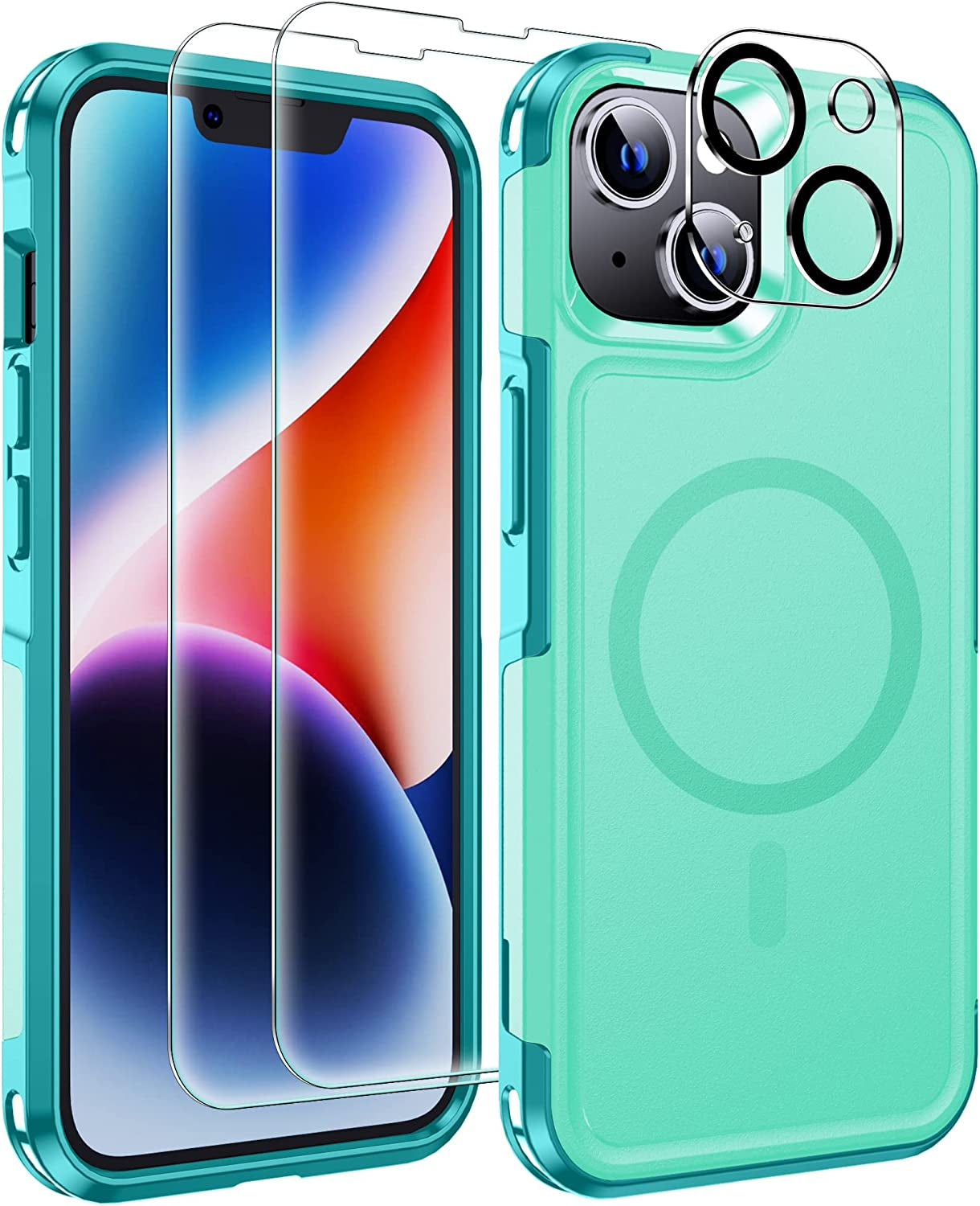 Xiwxi Magnetic for Iphone 14 Case [Compatible with Magsafe][Military Grade Drop Protection] [Glass Screen Protector+Camera Lens Protector] Non-Slip Full-Body Shockproof Phone Case,Red  xiwxi Green  