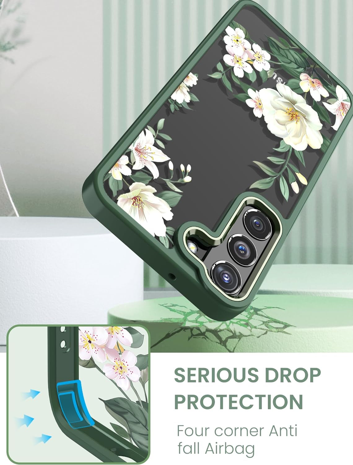 Dretal for Samsung Galaxy S22 5G Case Floral, Military Grade Drop Tested Hard Back & Soft Edge Slim Flower Women Girls Phone Protective Cover + Tempered Glass Screen Protector for Galaxy S22 (Green)  Dretal   