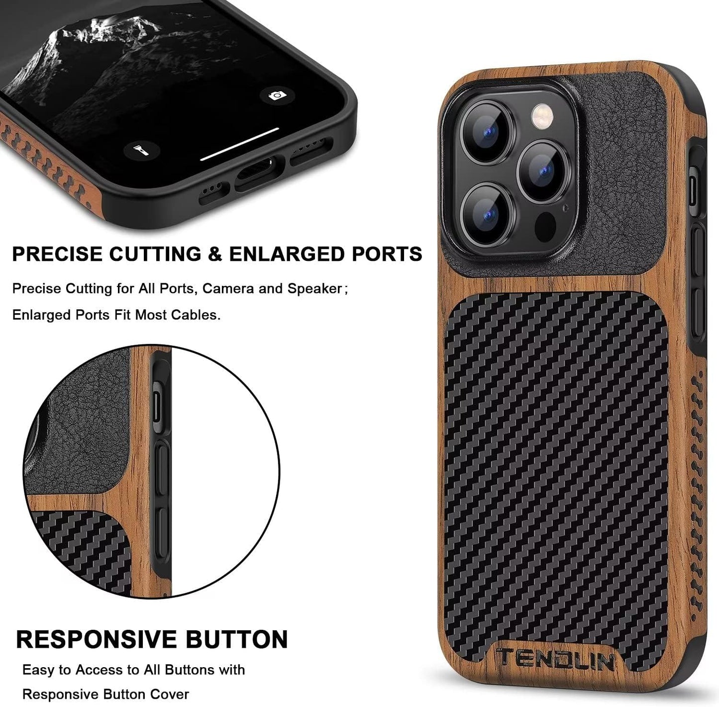 TENDLIN Compatible with Iphone 14 Pro Case Wood Grain with Carbon Fiber Texture Design Leather Hybrid Slim Case Black  TENDLIN   
