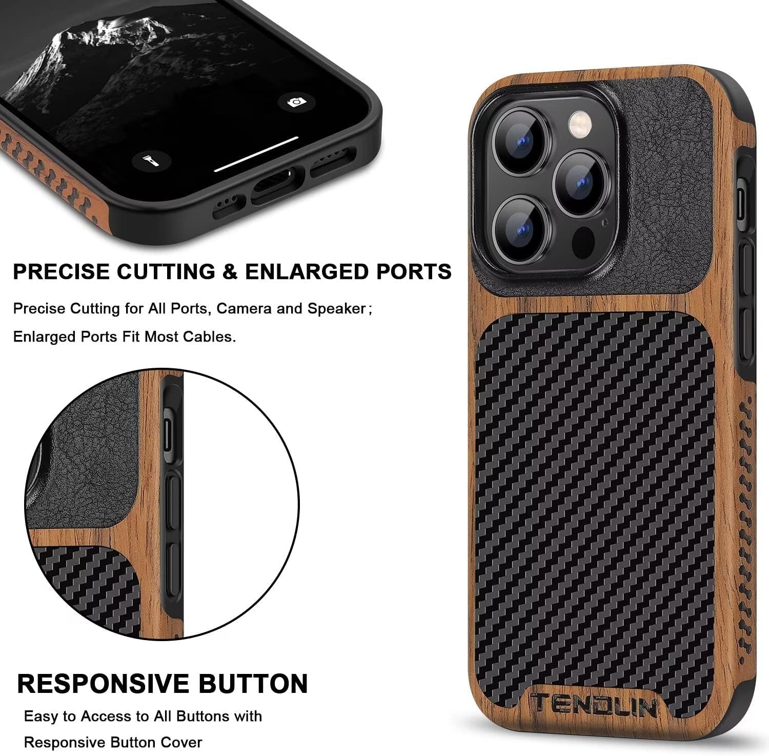TENDLIN Compatible with Iphone 14 Pro Case Wood Grain with Carbon Fiber Texture Design Leather Hybrid Slim Case Black  TENDLIN   