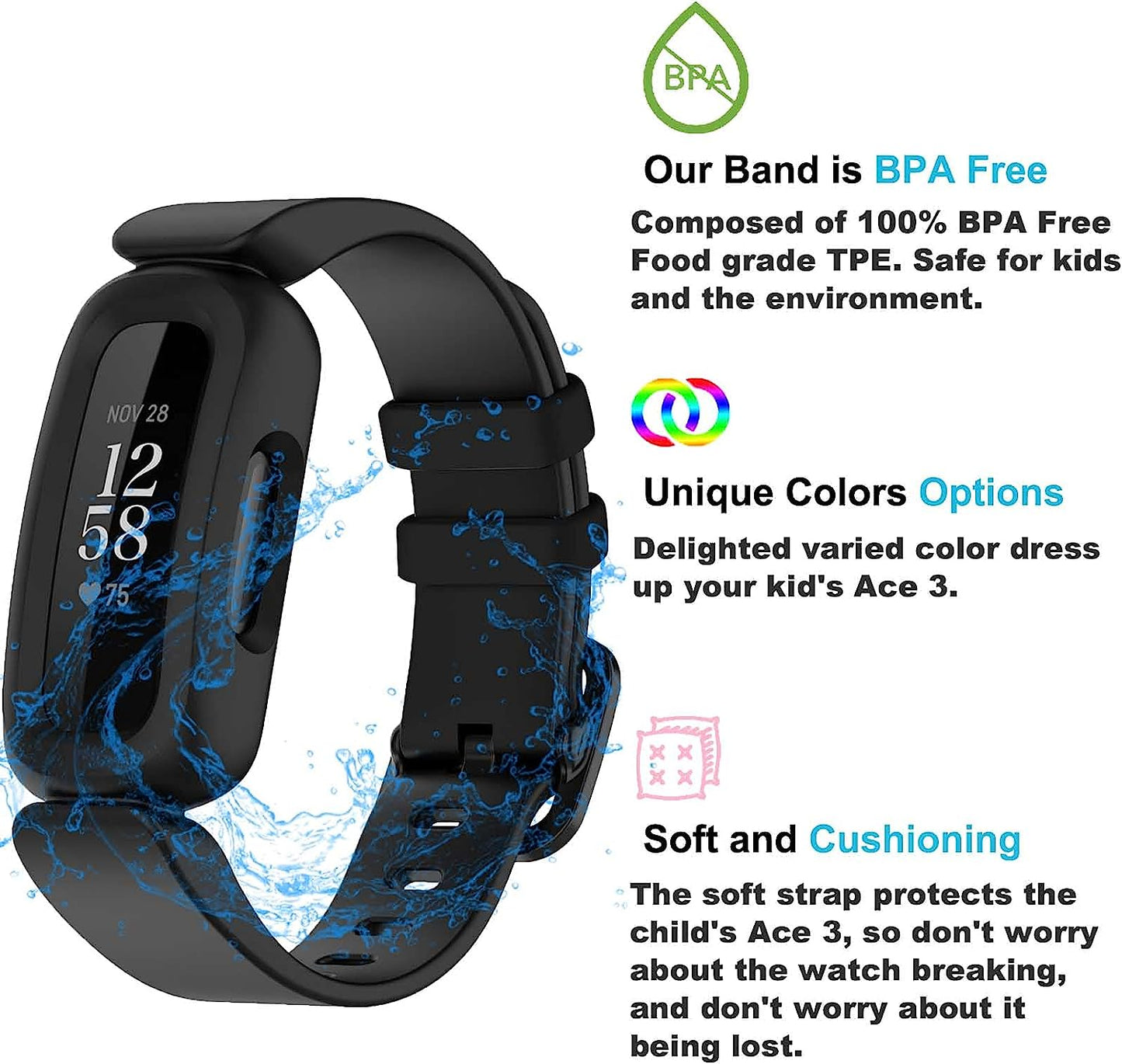 Topperfekt Bands Compatible with Fitbit Ace 3 for Kids, Soft Silicone Waterproof Bracelet Accessories Sports Watch Strap Replacement for Fitbit Ace 3 Boys Girls  TopPerfekt   
