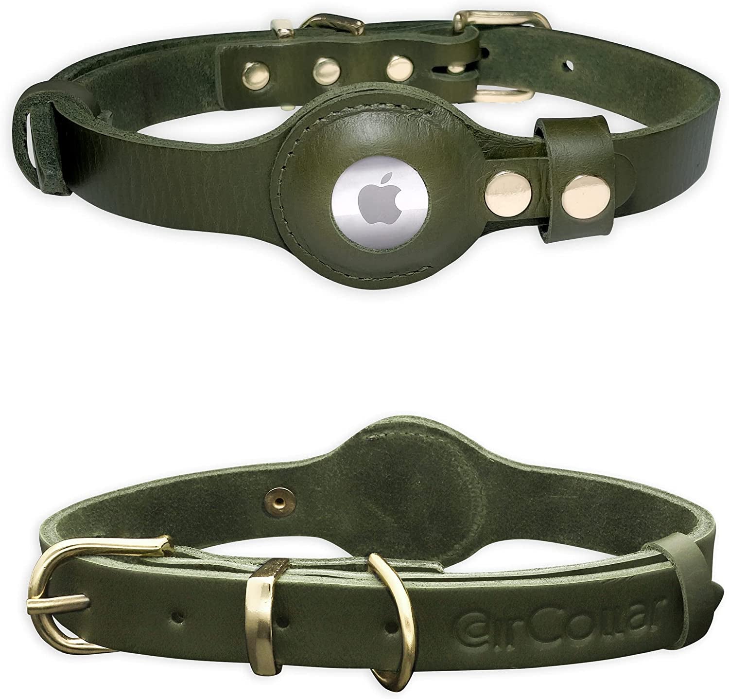 Aircollar Apple Airtag Natural Leather Pet Collar, Compatible with Apple Airtag 2021, Durable Leather (L: 0.9” Wide for 18.7” - 25.6” Neck, Honey Brown)  AirCollar Olive Green M: 0.8” Wide for 15.4” - 20.5” Neck 