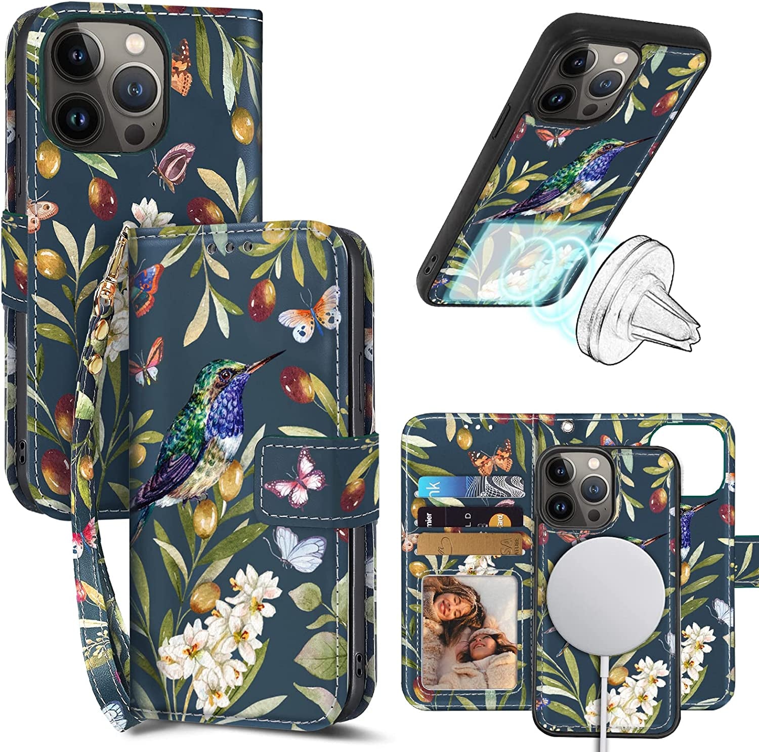 CASEOWL Iphone 14 Pro Max Wallet Case [Compatible with Magsafe Charger] Magnetic Detachable [RFID Blocking] Floral Pattern Flip Leather Lanyard Wallet Case with Card Holder,Strap for Women (Vintage)  CASEOWL   