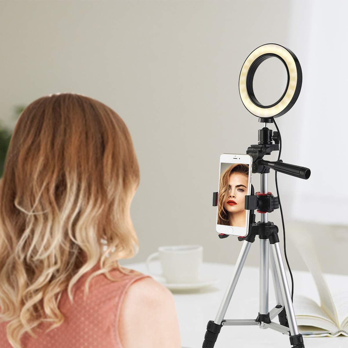 5.7" Ring Light with Tripod Stand and Cell Phone Holder, Mini LED Camera Light Selfie Ring Light Table Lamp for Live Stream, Youtube Video, Makeup, Photography Lighting Compatible with Iphone Android  oenbopo   
