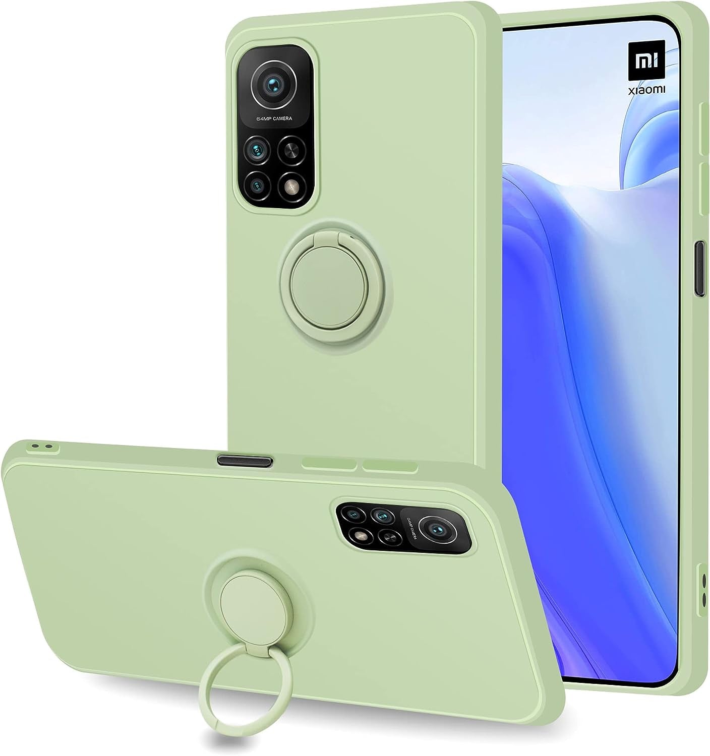 Coqibel Liquid Silicone Case for Xiaomi Mi 10T/ Xiaomi Mi 10T Pro [360° Ring Kickstand and Car Mount Function], Cover with Microfiber Liner Has Slim Full Body Protection – Tea Green  Coqibel   