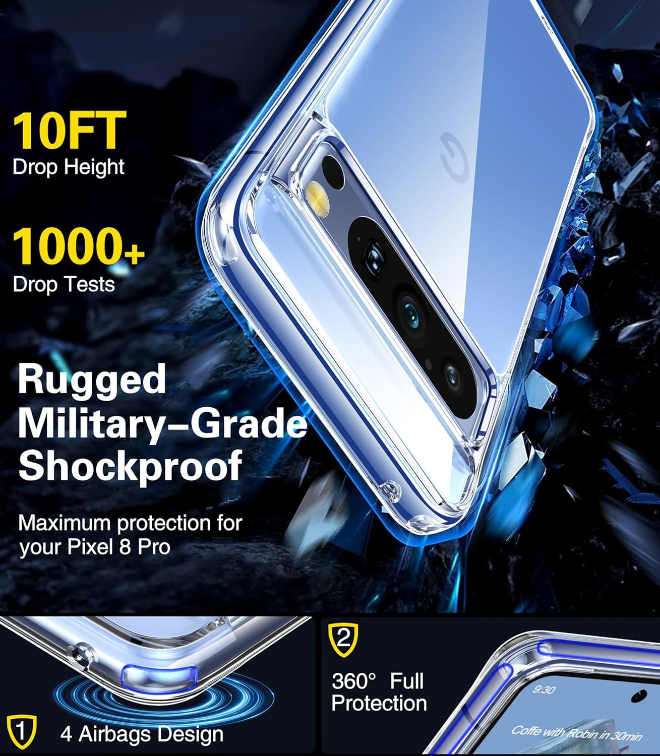 Oterkin for Pixel 8 Pro Case Clear,[20X Anti-Yellowing] Google Pixel 8 Pro Case with [Built-In 4 Airbags] Military-Grade Shockproof Bumper Protective Phone Case for Google Pixel 8 Pro 6.7 Inch-Clear  Oterkin   