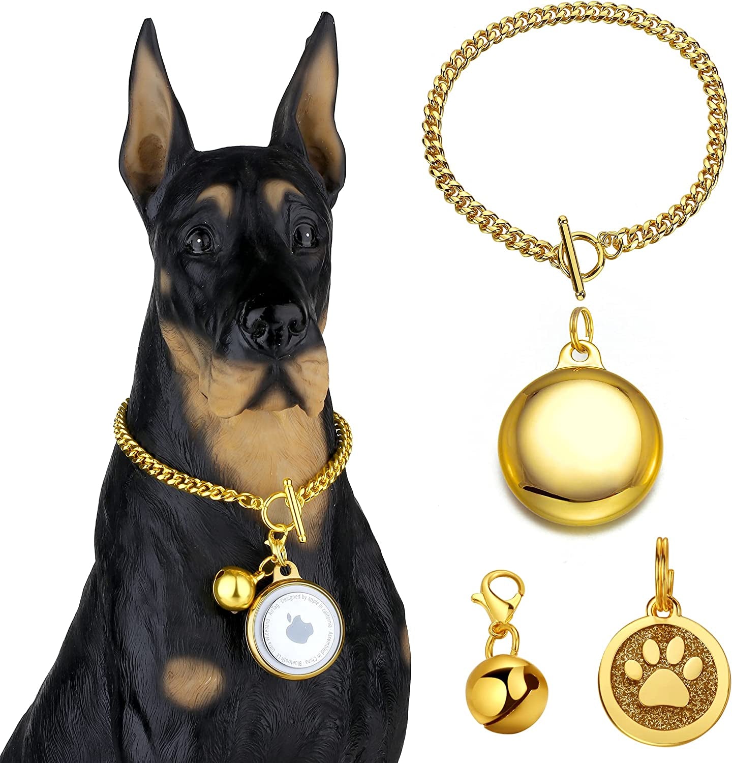 Idofas Airtag Dog Collar Holder Dog Airtag Holder Cuban Link Dog Chain 6Mm Gold Dog Chain with Bell,Dog Tag & Airtag Dog Collar Holder Stainless Steel Metal Necklace for Puppy Small Medium Dogs(12")  iDofas   