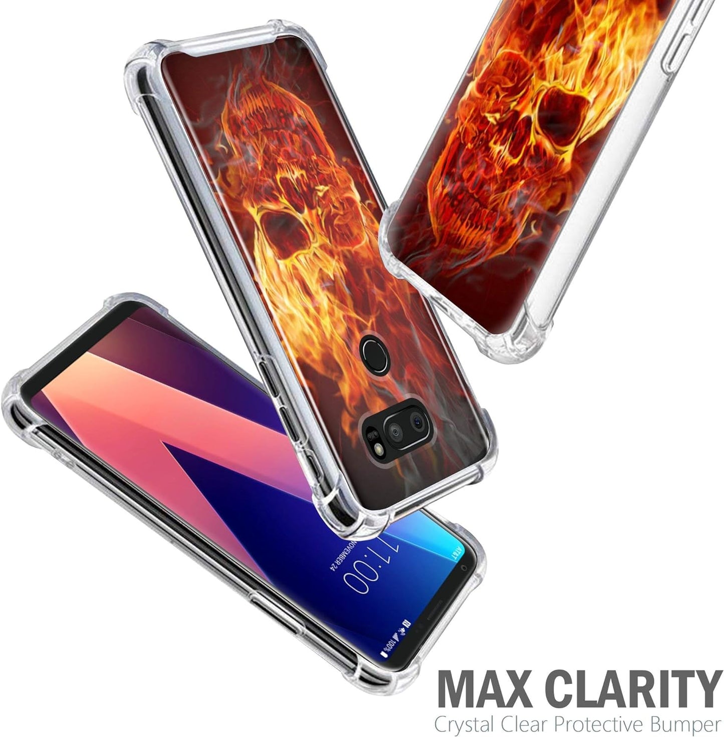 Casesondeck Clear Case Compatible with [LG V30S Thinq and LG V30] TPU Bumper Hard PC Plastic Backing Slim (Fire Skull)  CasesonDeck   