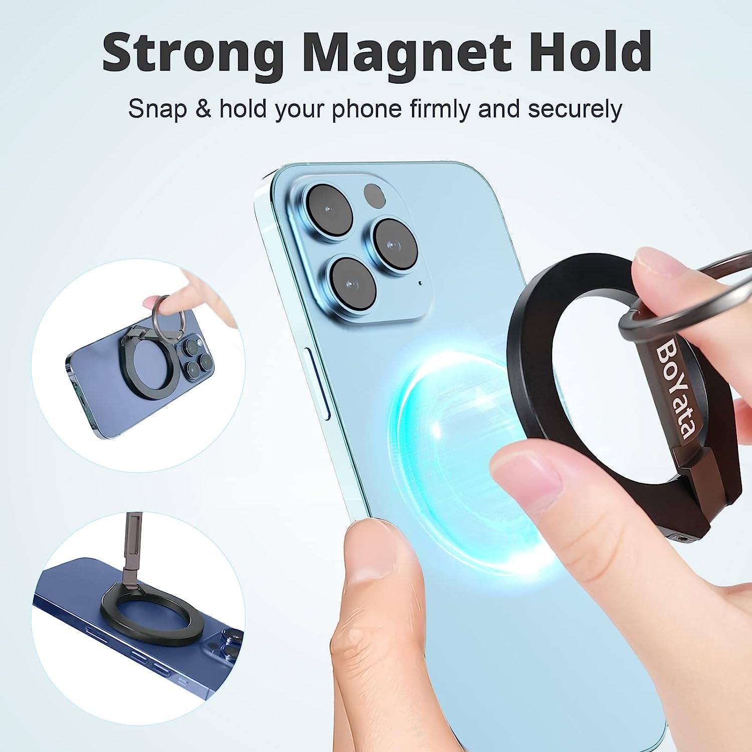 Boyata Magnetic Phone Ring Holder, 360° Rotating Phone Grip for Magsafe, Adjustable & Detachable Finger Ring Stand Compatible for Iphone 12/13/14, Iphone Series & Android Devices Use with Iron Ring  BoYata   
