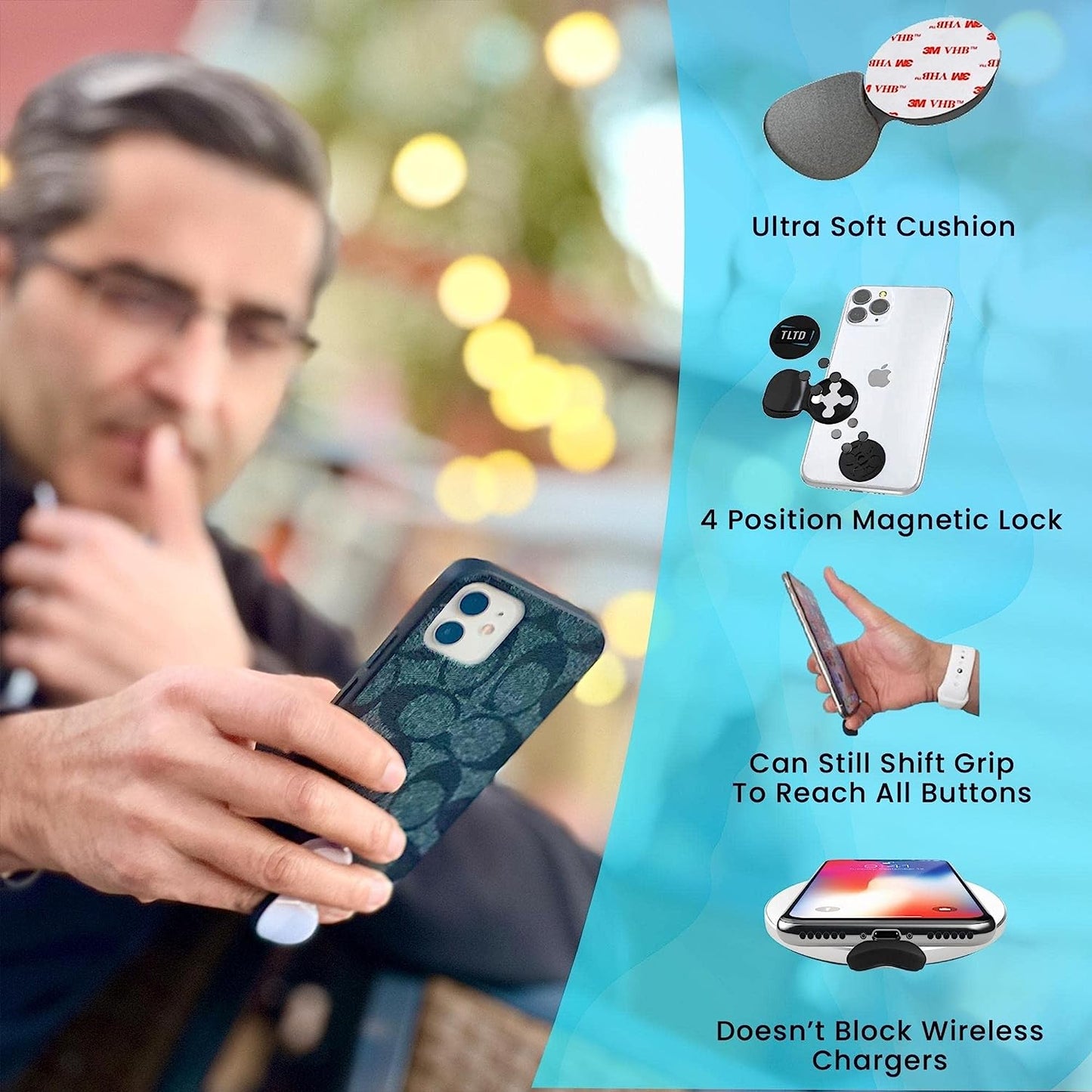 TLTD Premium Phone Grip Holder with 360°Rotation Pop Out Silicone Cushion Finger Grip for Iphone Samsung Smartphones with Secure Stick to Phone & Case Comfortable than Ring & Collapsible Strap (Black)  TLTD   