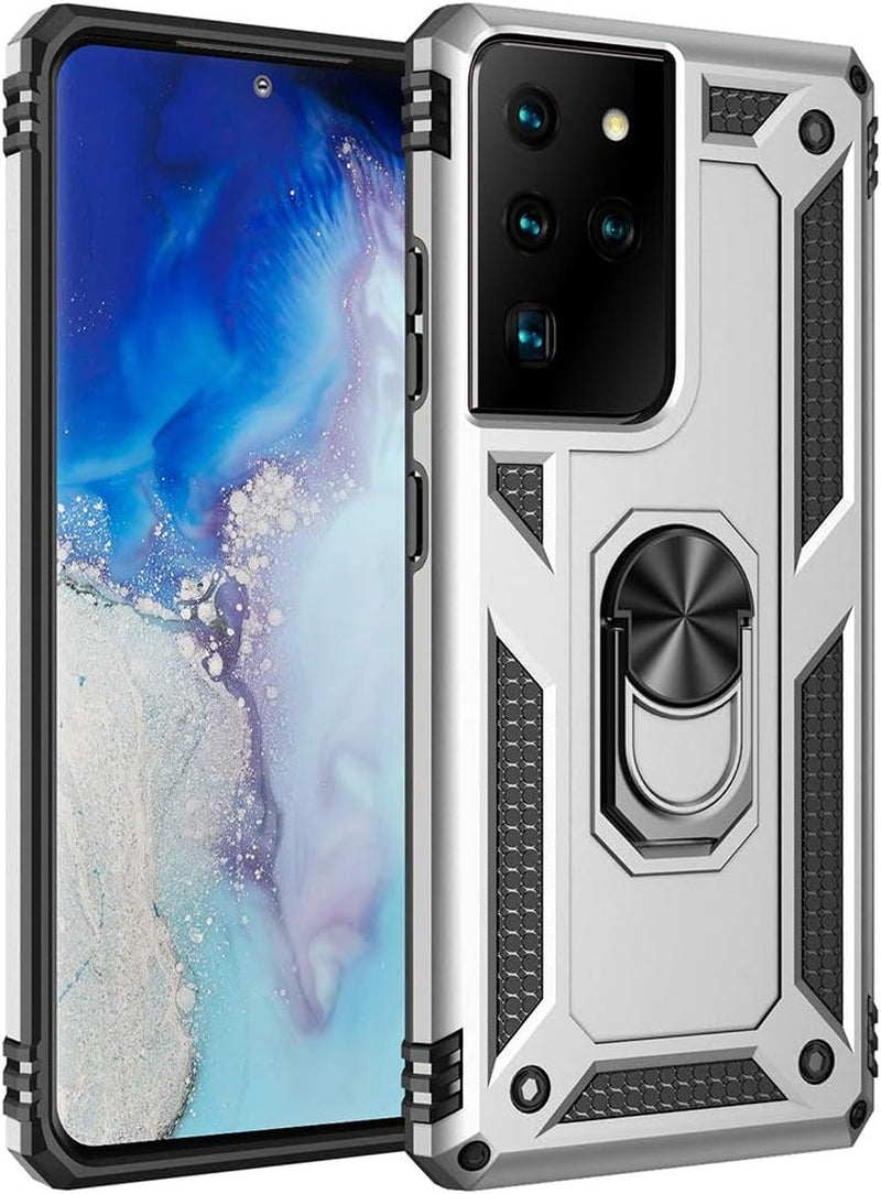 Military Grade Drop Impact for Samsung Galaxy S21 Ultra Case Galaxy S21 Ultra 5G Case 360 Metal Rotating Ring Kickstand Holder Armor Heavy Duty Shockproof Case for Galaxy S21 Ultra Phone Case (Red)  Dionsibei Silver  