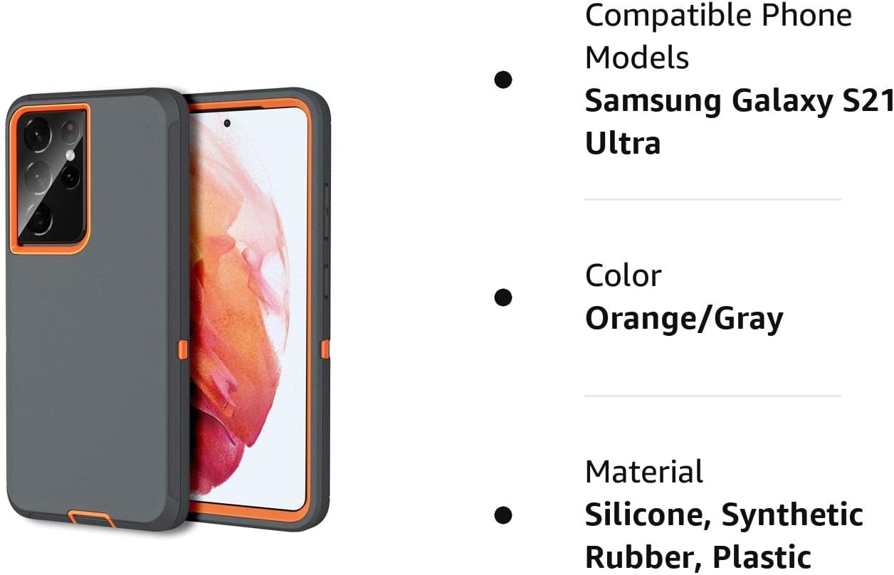 MXX Case Compatible with Galaxy S21 Ultra, 3-Layer Super Full Heavy Duty Body Bumper Cover/Shock Protection/Dust Proof, Designed for Samsung Galaxy S21 Ultra 5G (6.8 Inch) 2021 - (Orange/Gray)  MXx Accessories inc   