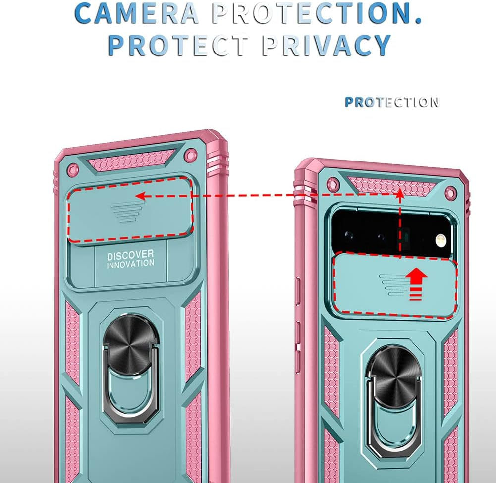 Google Pixel 6 Pro Case with Slide Camera Cover&Card Slot& Ring Kickstand Shockproof Military Grade Heavy Duty Protective Case Support Car Magnetic Holder for Google Pixel 6 Pro(2021)-Green/Pink  MOKYYDS   