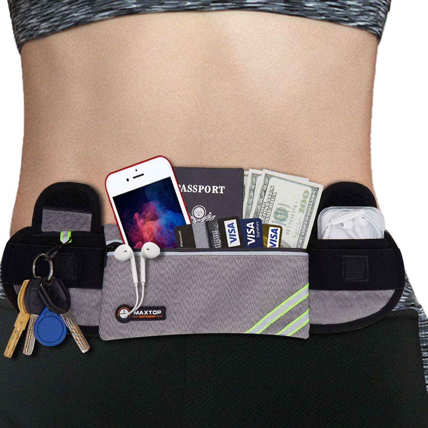 【2 Packs Family Share Bundle】Fanny Packs for Women Men Running Belt Waist Pack Bag for Workout Gym Exercise Walking Hiking Belt Bag Waist Pouch Fits Iphone Cell Phone Holder for Travel Money Belt  MAXTOP Dark Gray Running Money Belt 
