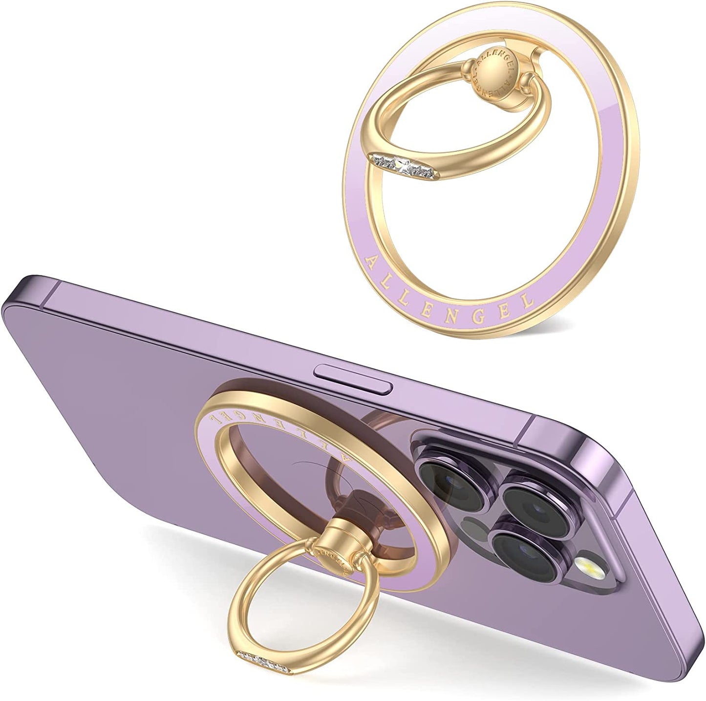 Compatible with Magsafe Phone Grip Stand, Allengel Magnetic Phone Ring Holder with Finger Kickstand for Smartphone, Luxury Gold White  Allengel Gold pale violet  