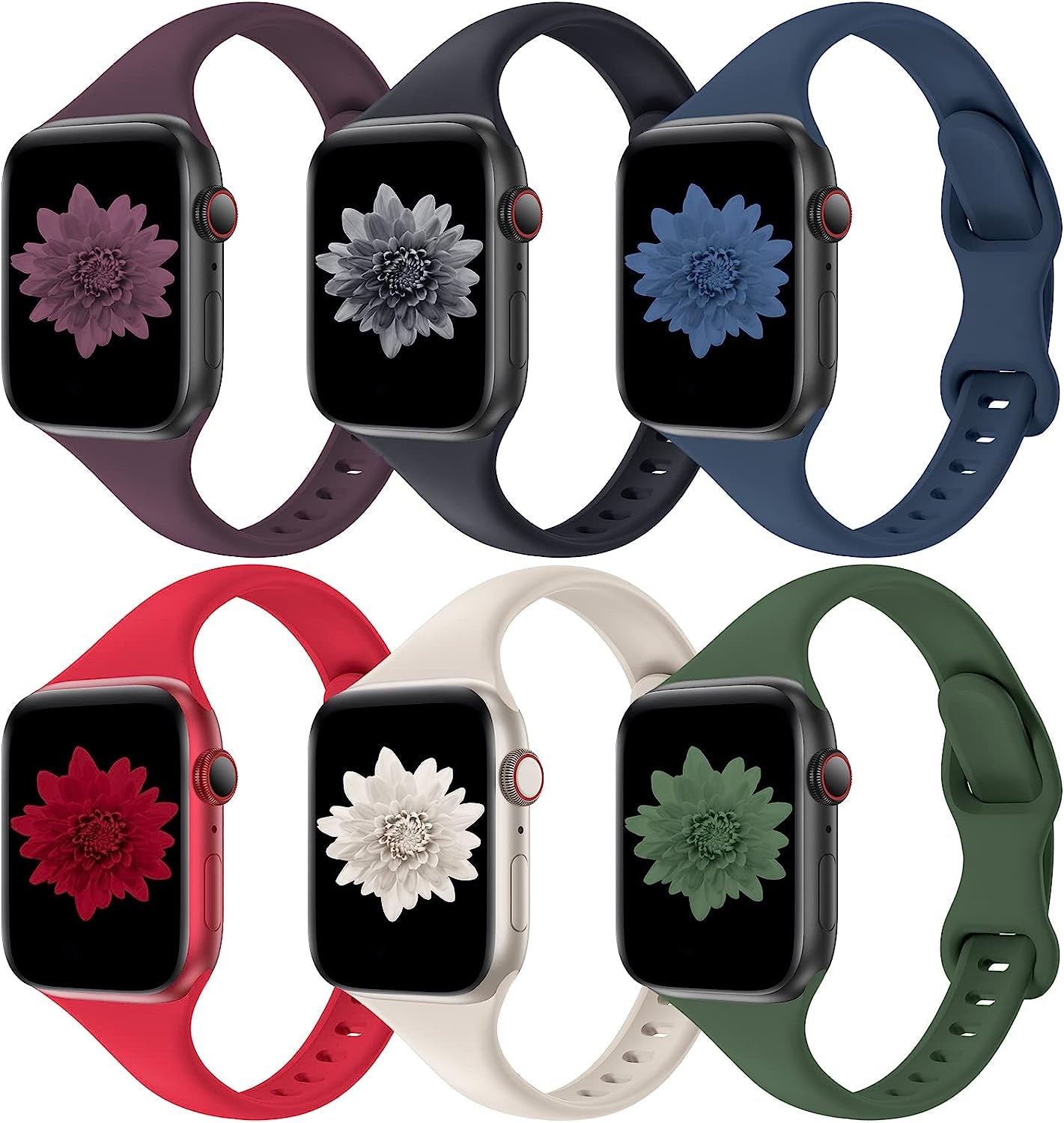 Distore 6 Pack Bands Compatible with Apple Watch 38Mm 40Mm 41Mm 42Mm 44Mm 45Mm 49Mm, Slim Thin Narrow Replacement Soft Silicone Sport Strap for Iwatch Series Ultra 8/7/6/5/4/3/2/1 SE Women Men  Distore Dark Cherry/Midnight/Abyss Blue/Red/Starlight/Clover 38/40/41mm 