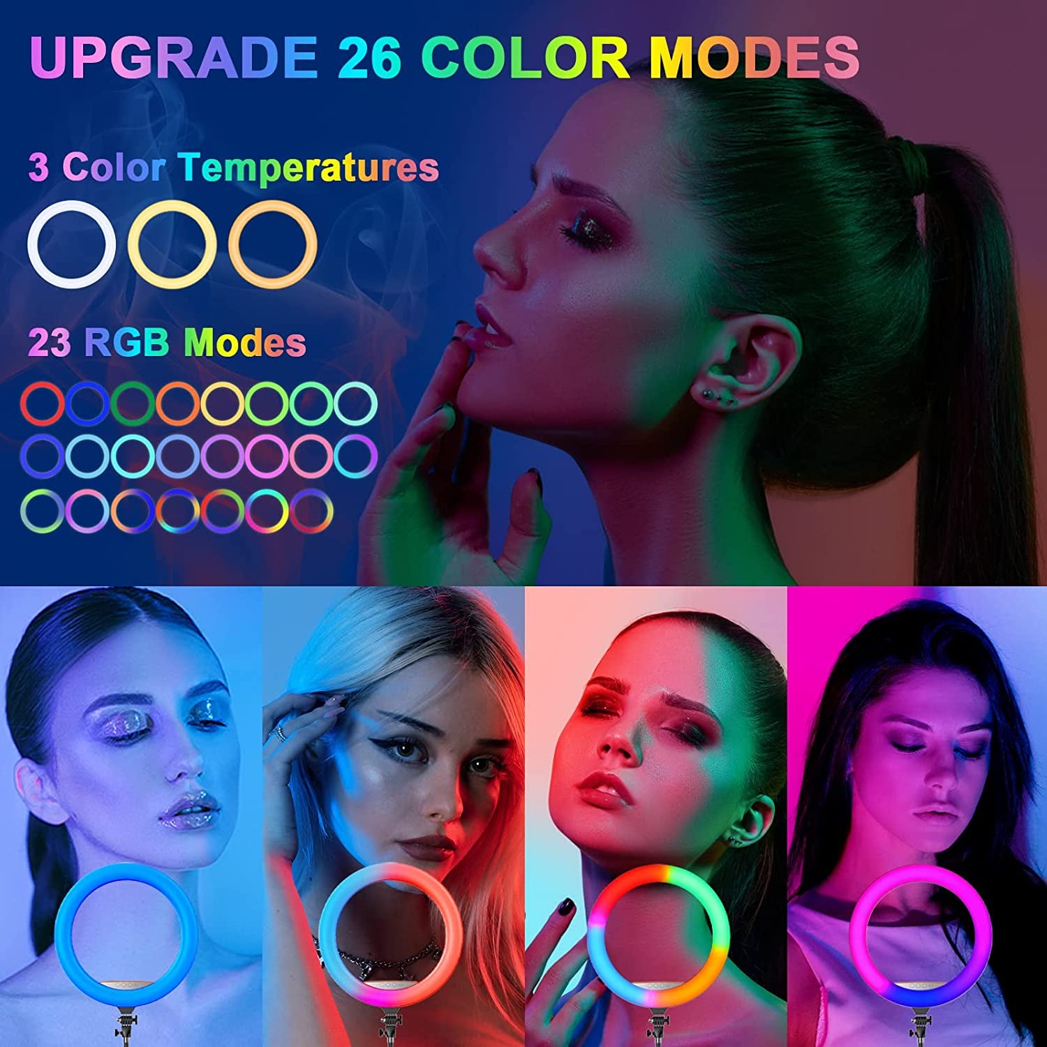 RGB Ring Light 18 Inch with Tripod Stand (2700-7000K) for Phone Camera Ipad Selfie Live Stream Youtube Tiktok Video Shooting Best Lighting Atmosphere Ringlight (18 Inch)  Auriani   