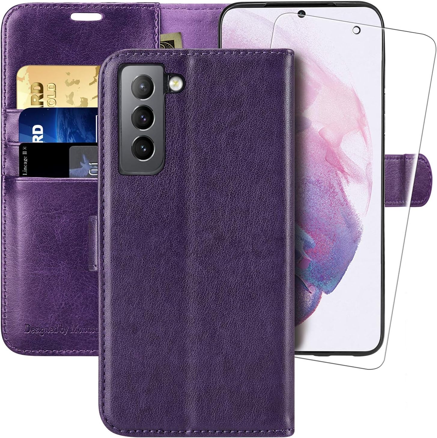 MONASAY Wallet Case for Galaxy S21+Plus 5G, 6.7 Inch [Screen Protector Included][Rfid Blocking] Flip Folio Leather Cell Phone Cover with Credit Card Holder, Lavenders  MONASAY Purple  