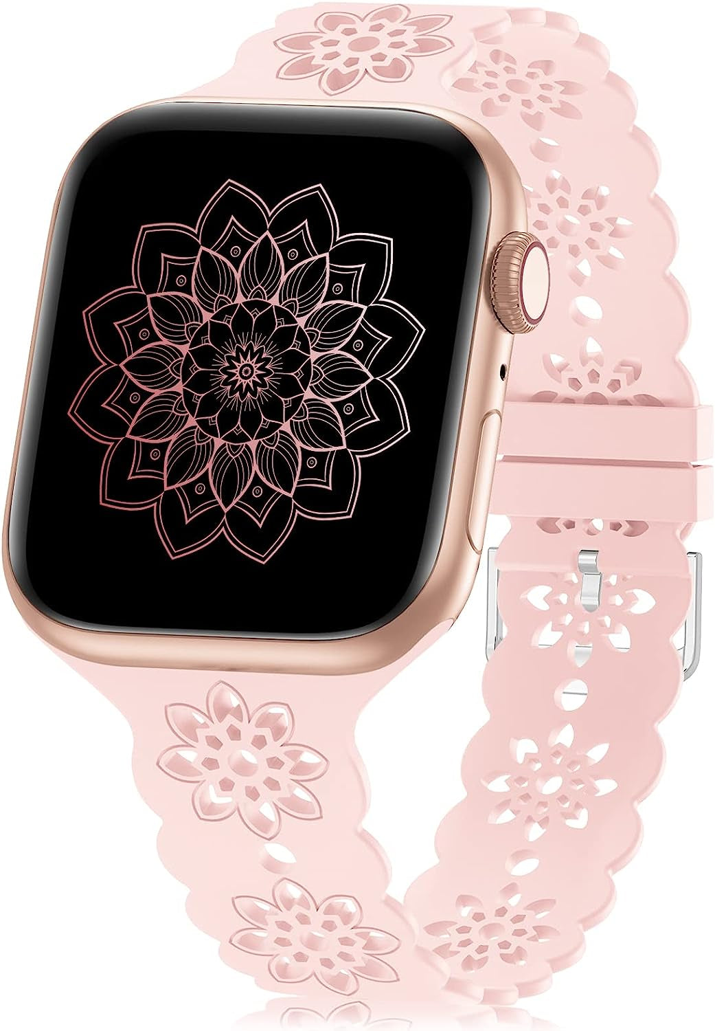 Floral Silicone Band Compatible with Apple Watch Bands 38Mm 40Mm 42Mm 44Mm 41Mm 45Mm 49Mm Women Men, Slim Hollow-Out Design Wristbands Soft Sport Breathable Watch Bands for Iwatch Ultra SE Series 8/7/6/5/4/3/2/1  Wewatri Pink 38mm/40mm/41mm 