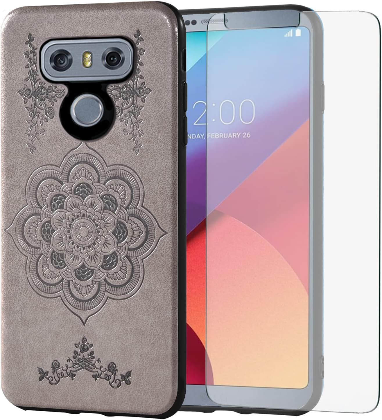 Asuwish Compatible with LG G6 Case and Tempered Glass Screen Protector Thin Slim Soft TPU Flower Rugged Leather Cell Phone Cover for LGG6 Thinq LG6 Thin Q G 6 plus G6+ 6G VS988 H872 Women Rose Gold  Asuwish Gray For Lg G6 / G6 Plus / G6 Thinq 