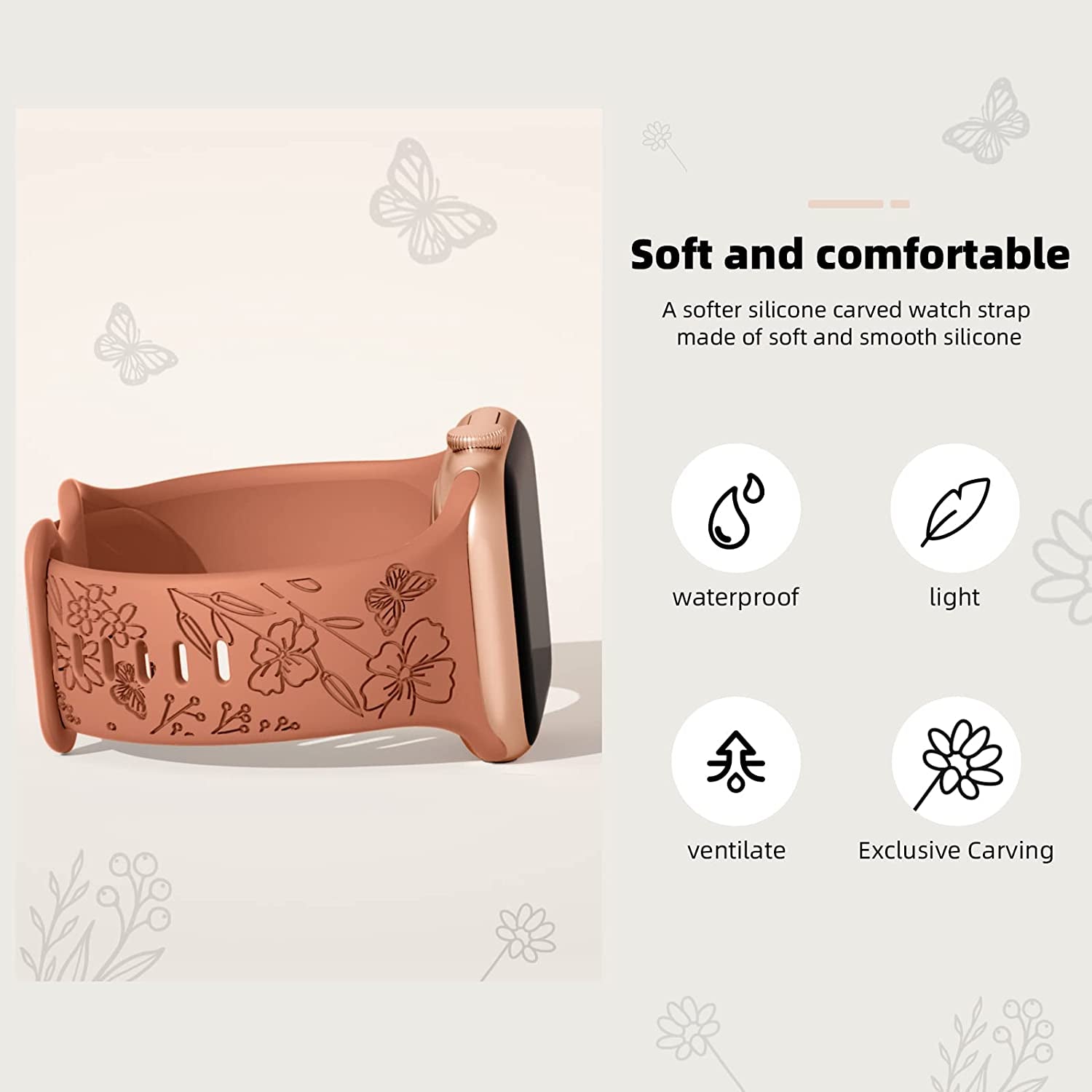 3 Pack Floral Engraved Bands Compatible with Apple Watch Band 40Mm 41Mm 38Mm 42Mm 44Mm 45Mm 49Mm Women,Soft Silicone Cute Wildflowers Sport Laser Strap for Iwatch Bands Series Ultra SE 8 6 5 4 3 2 1  AMSKY   