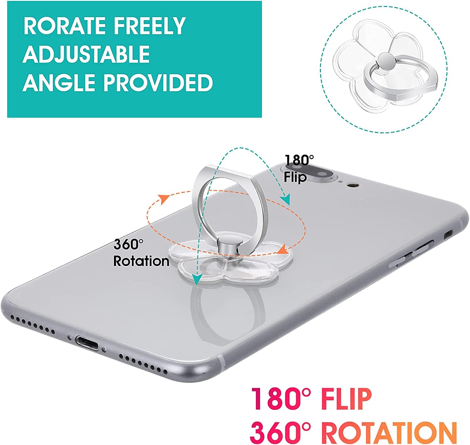 Cobee Finger Kickstand Cell Phone Ring, 2Pcs Flower Shaped Transparent Phone Ring Holders, Bling Phone Ring Holder, 360 Degree Rotation Clear Glitter Finger Mount Cell Phone Finger Holder  Cobee   