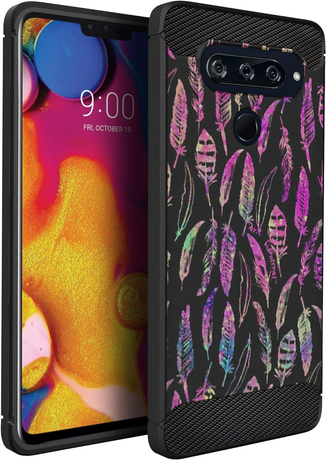Casesondeck Fitted Case Compatible with [LG V40 Thinq] Carbon Fiber Accents Bump and Drop Protecting Flexible TPU (Blue Digital Camo)  CasesonDeck Black Feathers  