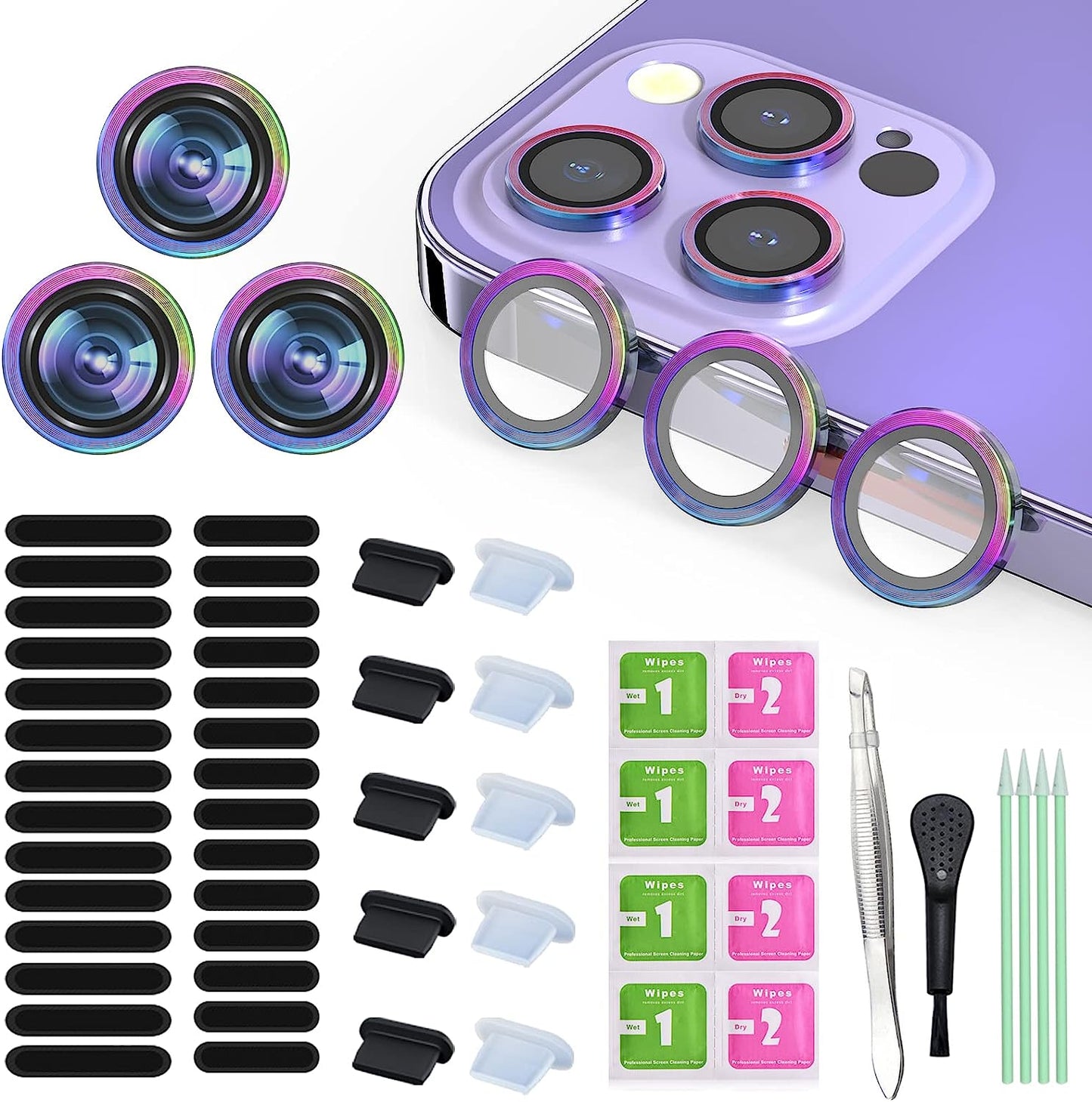 16 PCS Iphone Metal Speaker Dust Cover (8PCS Black and 8PCS Silver) 2PCS Iphone Metal Dust Plug 10PCS Silicone Dust Plugs,With Cleaning Tools Compatible Iphone 12/13 /14 Pro/Pro Max/Iphone Series  Pohgelan Colorful iphone 14Pro/Pro Max 